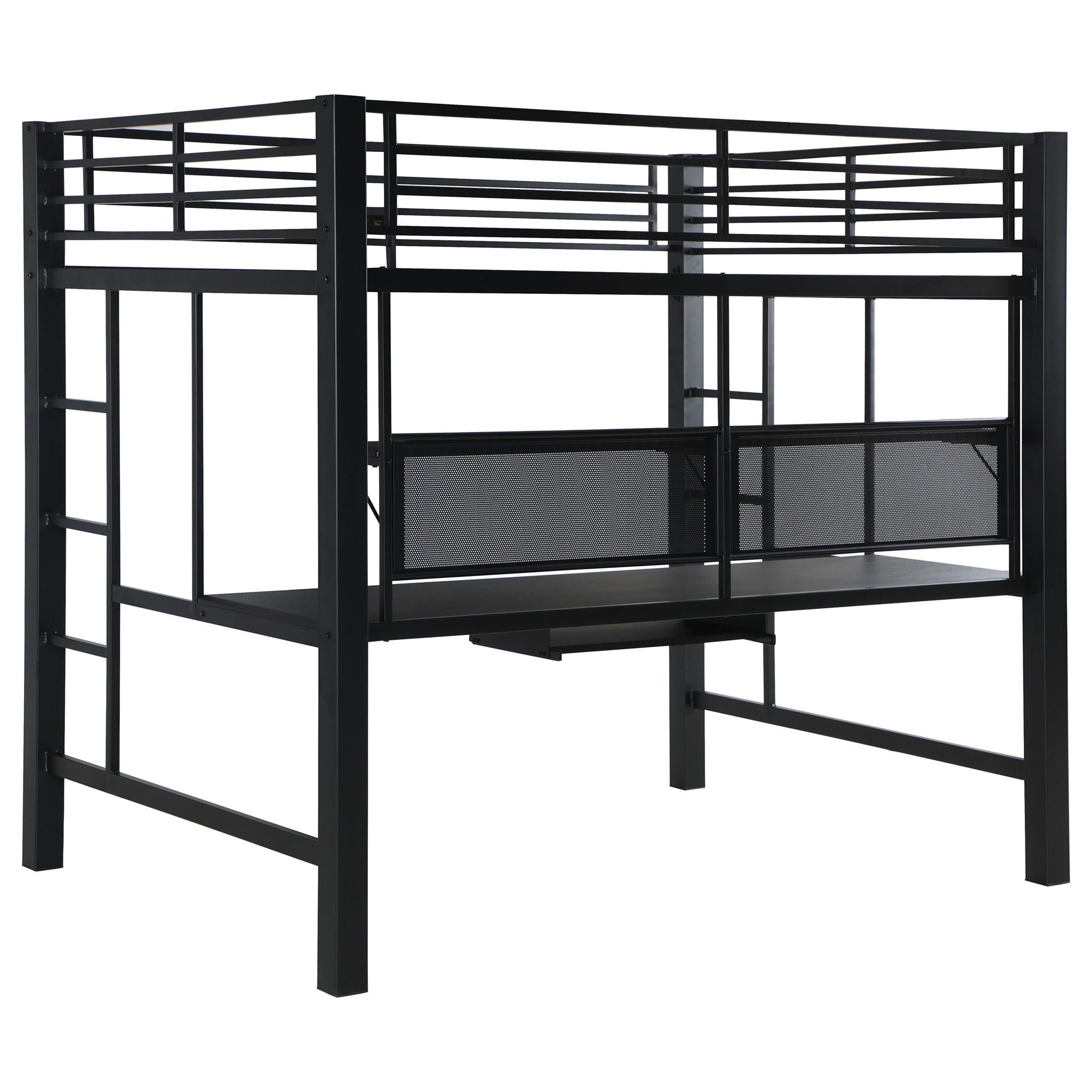 Ranier - Full Workstation Loft Bed, Full Length Desk, Safety Rails And Storage Shelves - Black