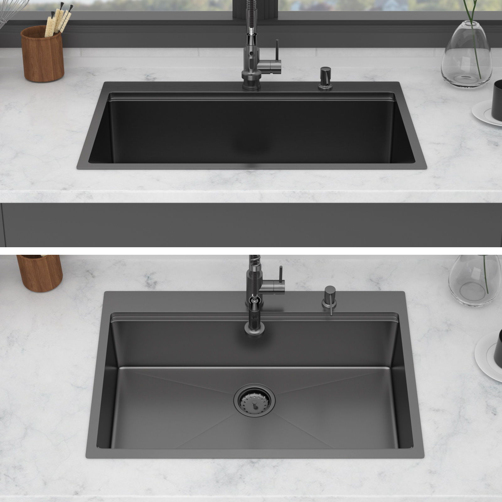 Drop In Kitchen Sink With Pull Out Faucet And Soap Dispenser, Single Bowl Topmount Sink - Gunmetal Black