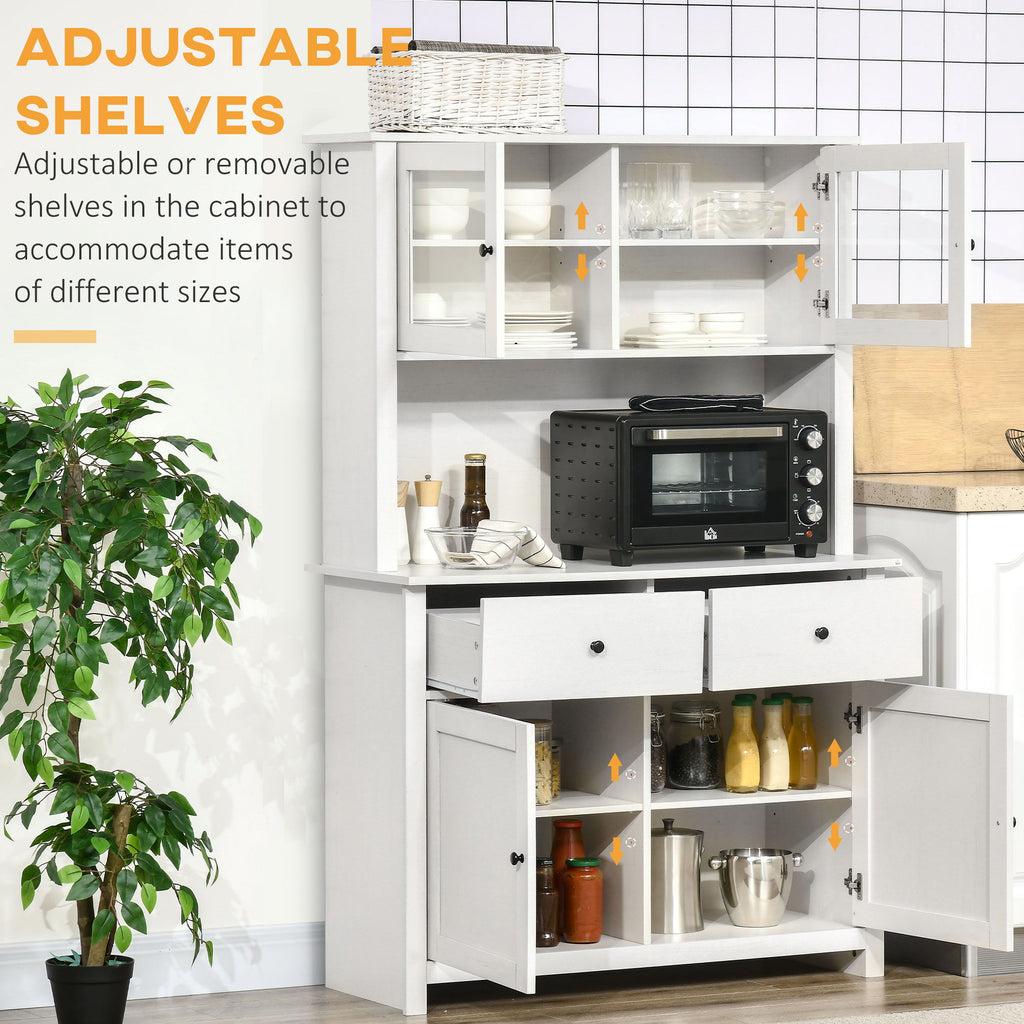 Homcom - 63.5" Kitchen Buffet With Hutch, Pantry Storage Cabinet With 4 Shelves, Drawers, Framed Glass Doors, Open Microwave Countertop - Antique White