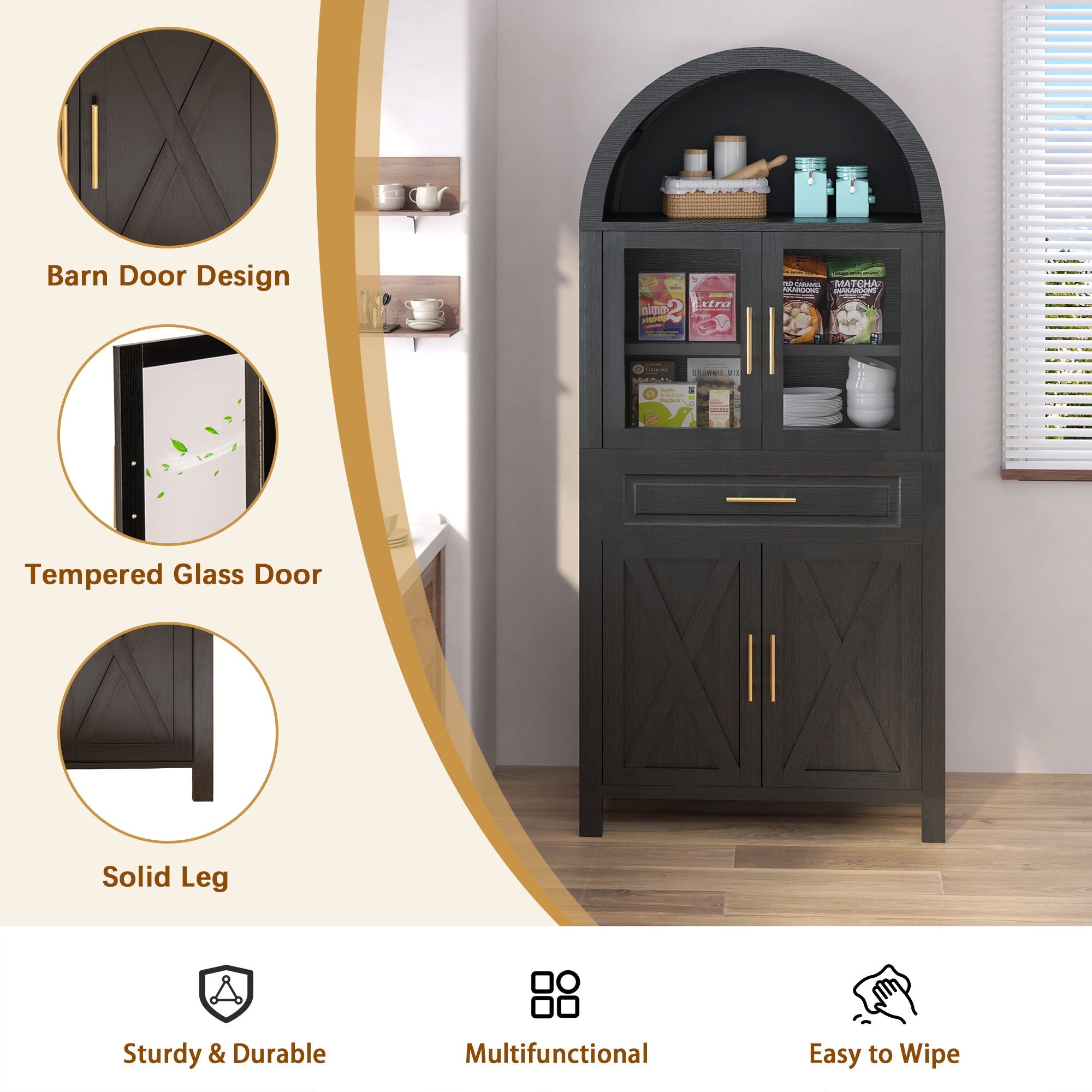 Arched Kitchen Pantry Cabinet With Adjustable Shelves & Barn Door Design