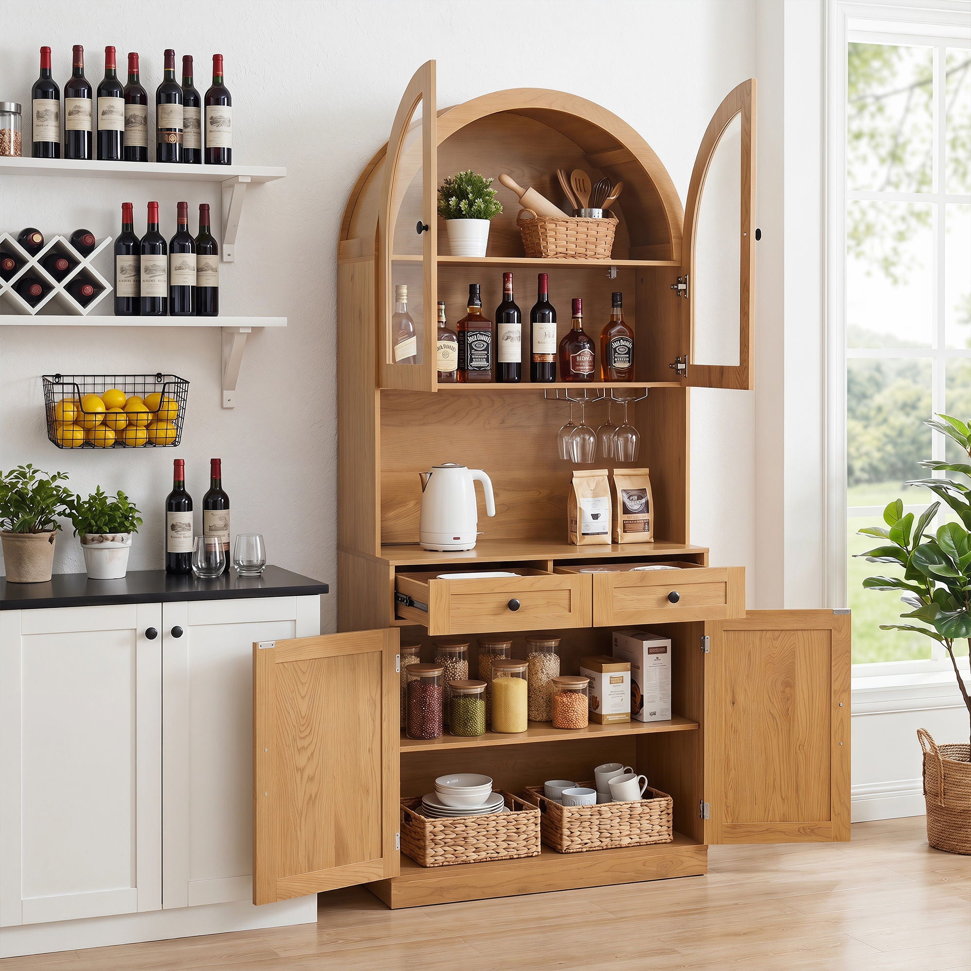 Tall Arched Pantry Cabinet With Charging Station, Adjustable Shelves, Coffee Bar