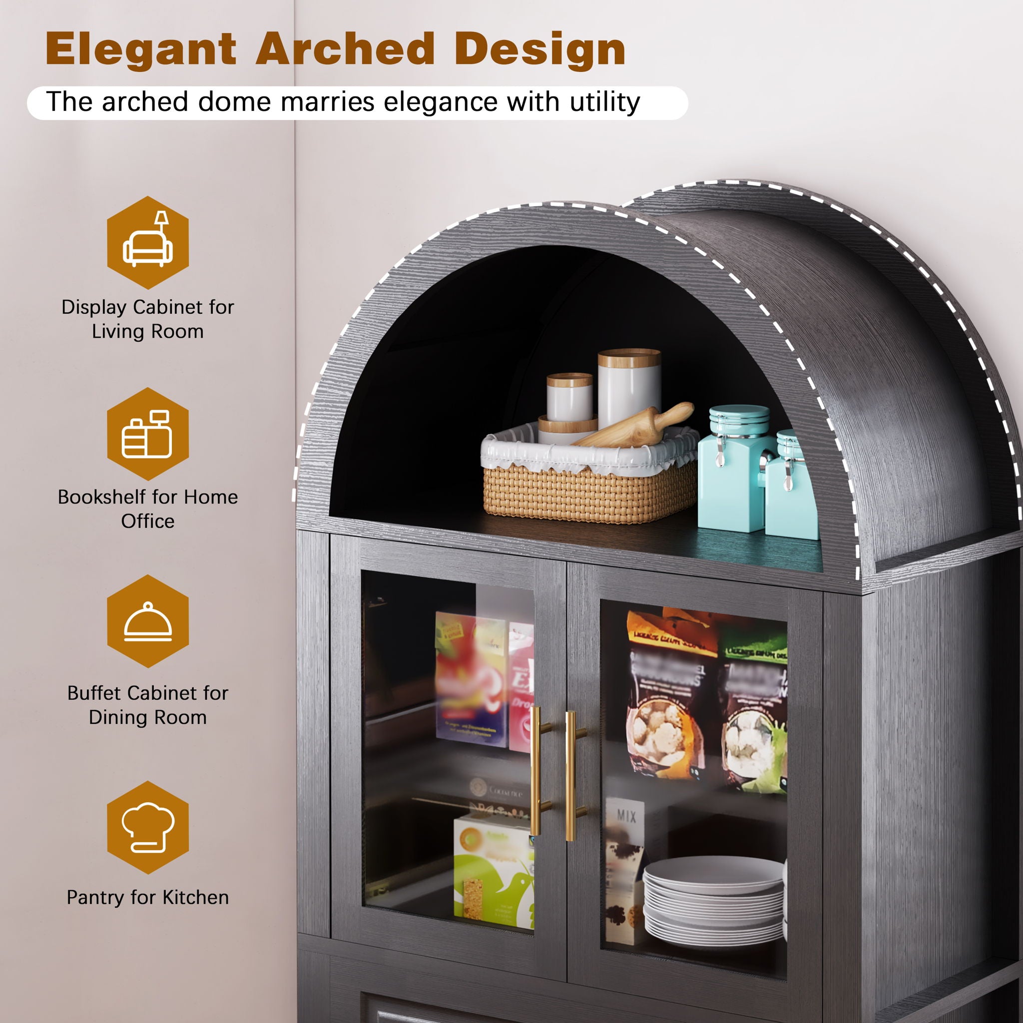 Arched Kitchen Pantry Cabinet With Adjustable Shelves & Barn Door Design