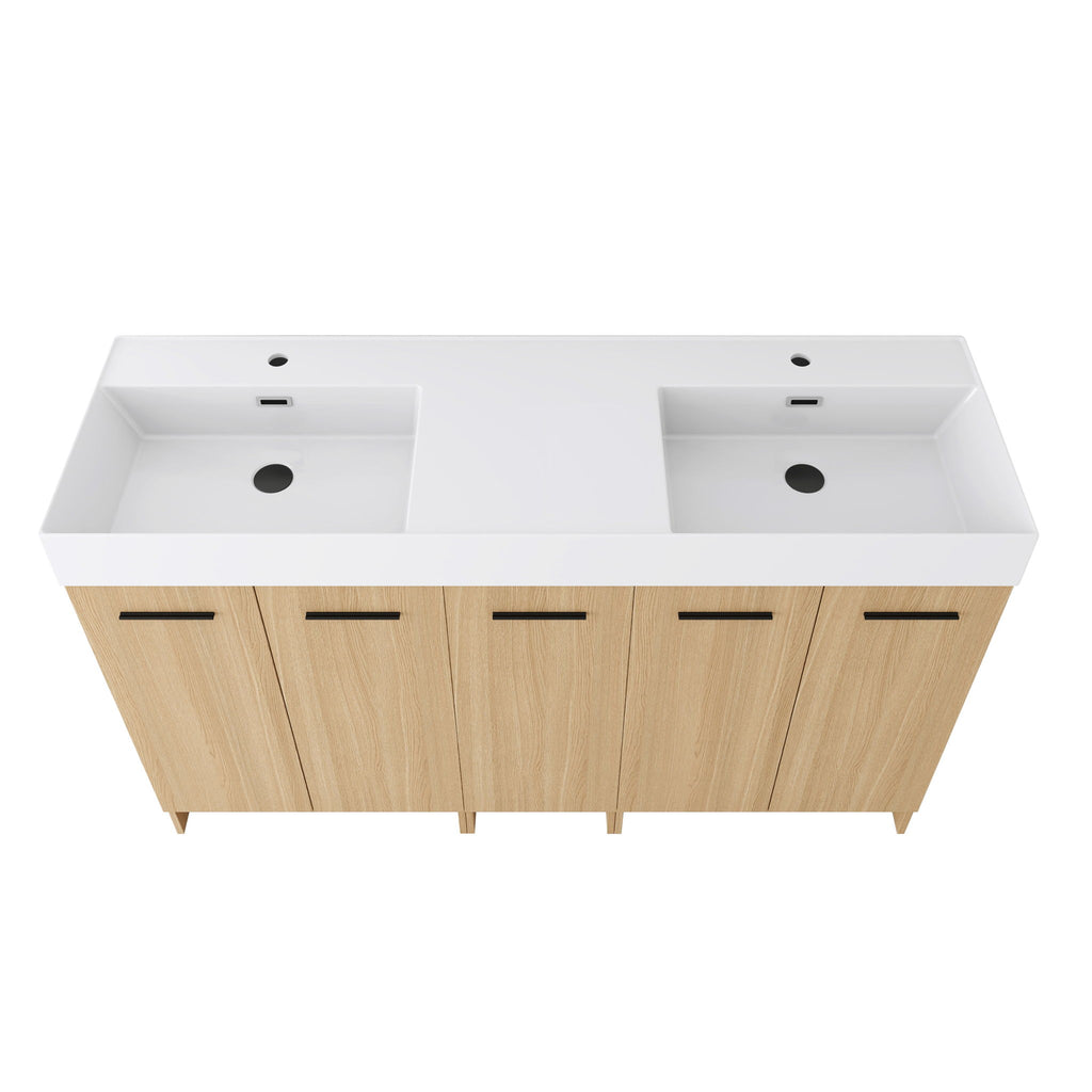 Double Sink Bathroom Vanity With Extra Large Storage, Integrated Sink, Freestanding Cabinet, Soft Close Doors - Glossy White / Light Oak