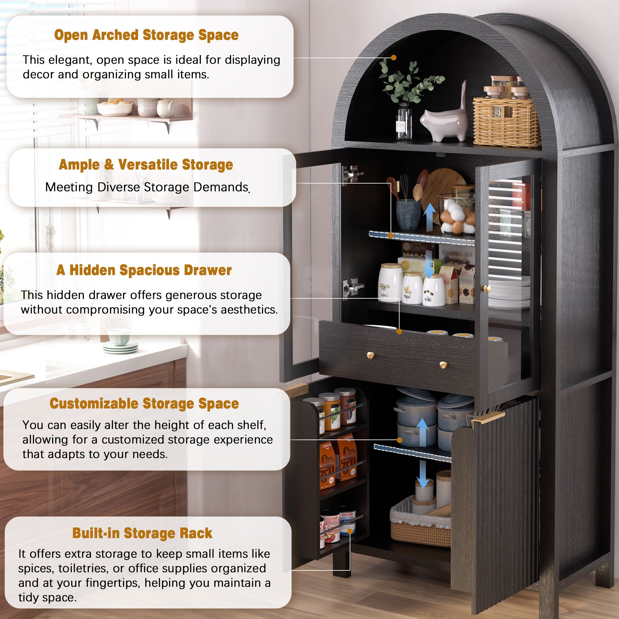 Fluted Tall Arched Pantry Cabinet With Adjustable Shelves