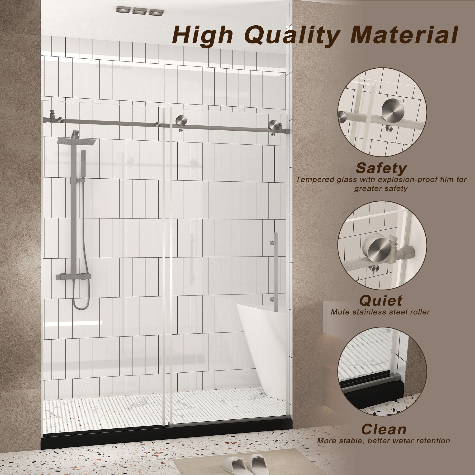 Frameless Shower Door, Smooth Sliding Tracks