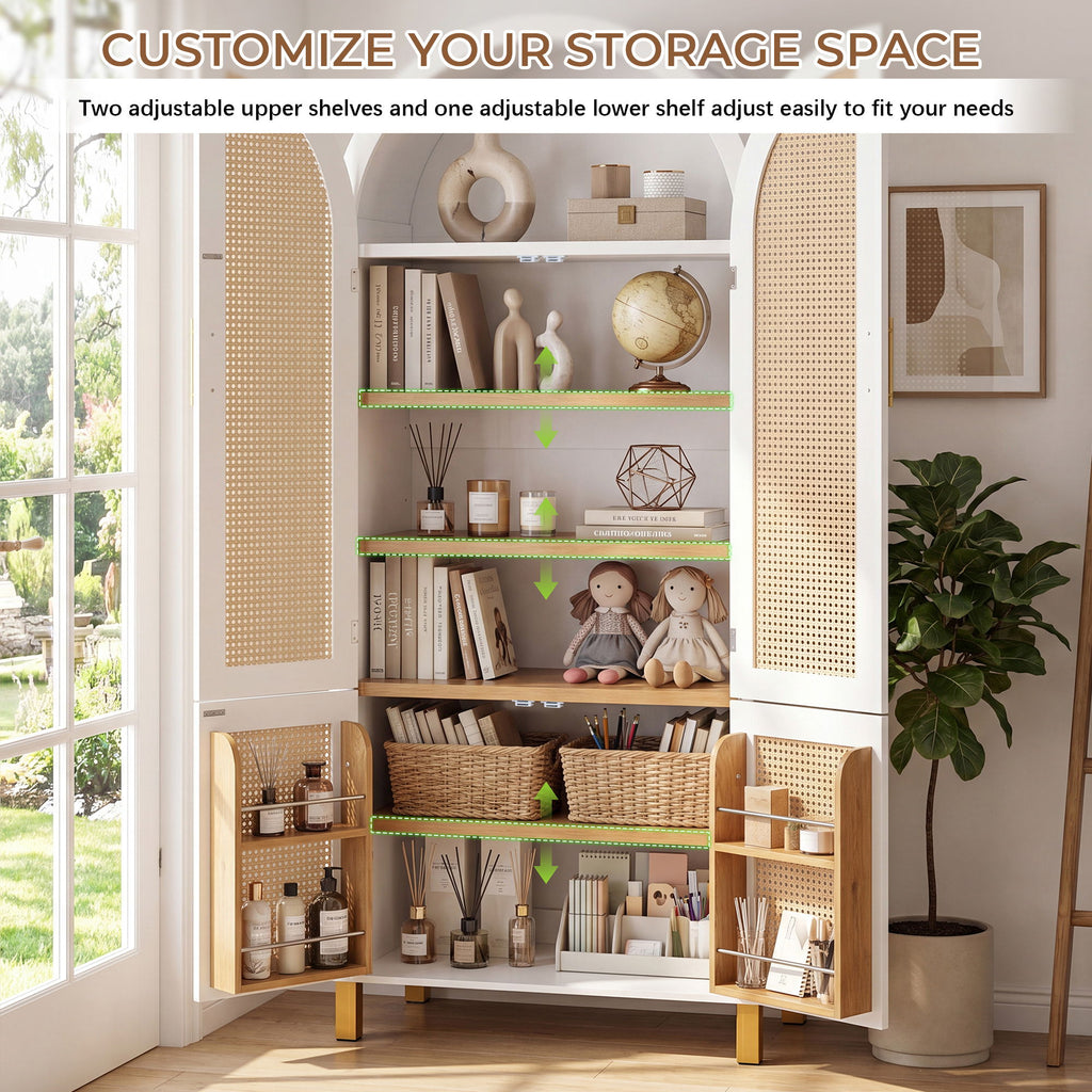 Tall Arched Cabinet With Rattan Doors & Adjustable Shelves