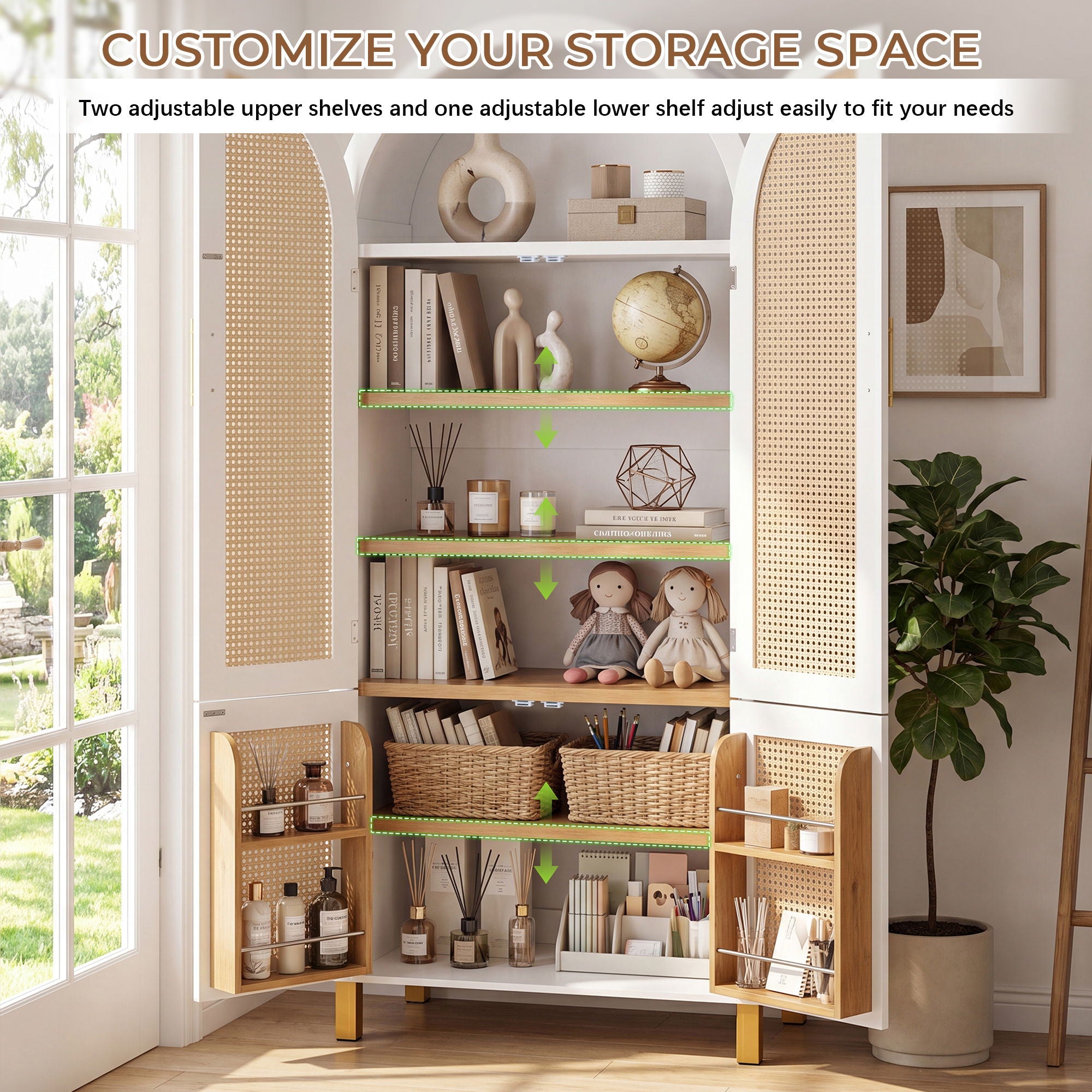 Tall Arched Cabinet With Rattan Doors & Adjustable Shelves