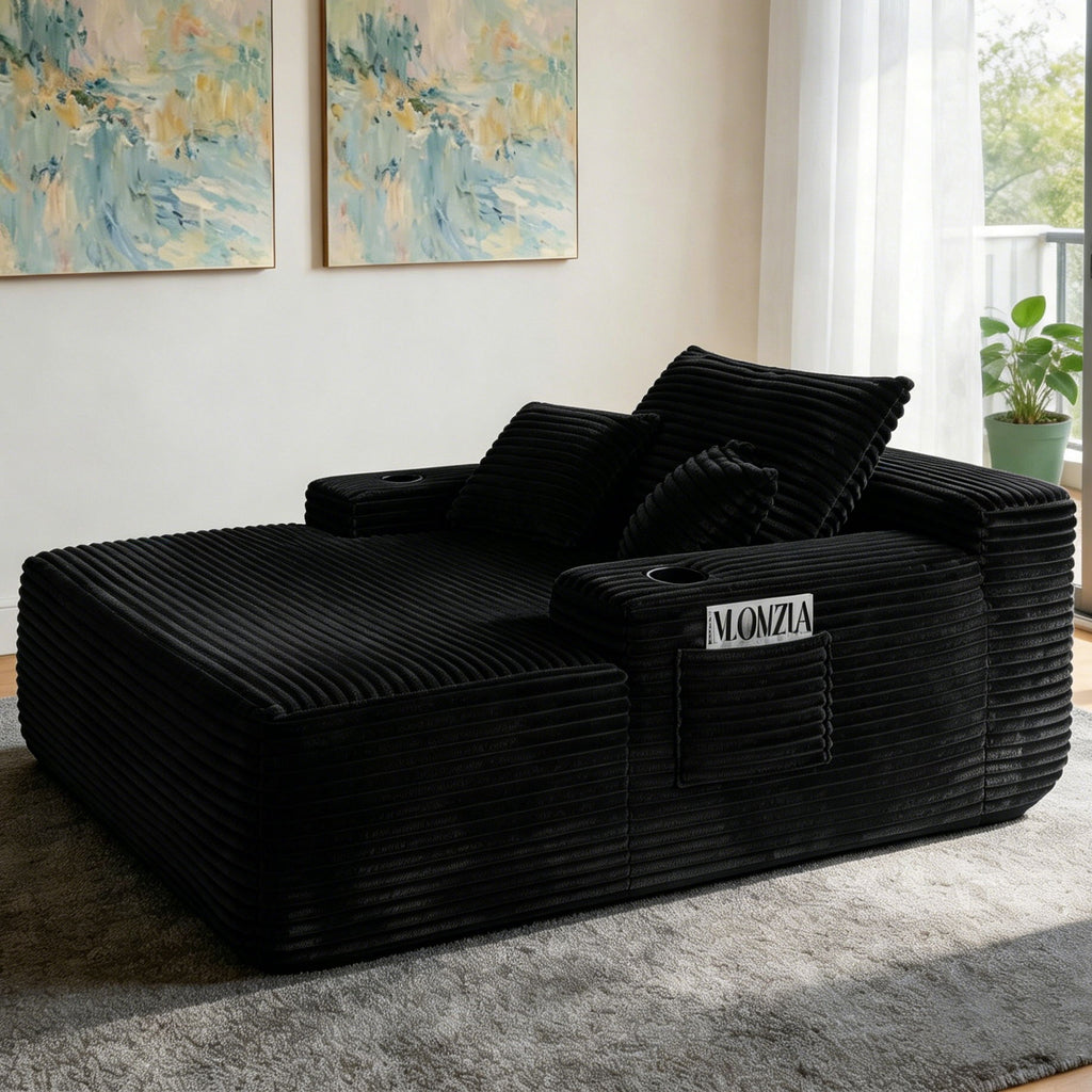 Convertible Chaise Lounge Chair & Wide Armrest & Throw Pillows - Black