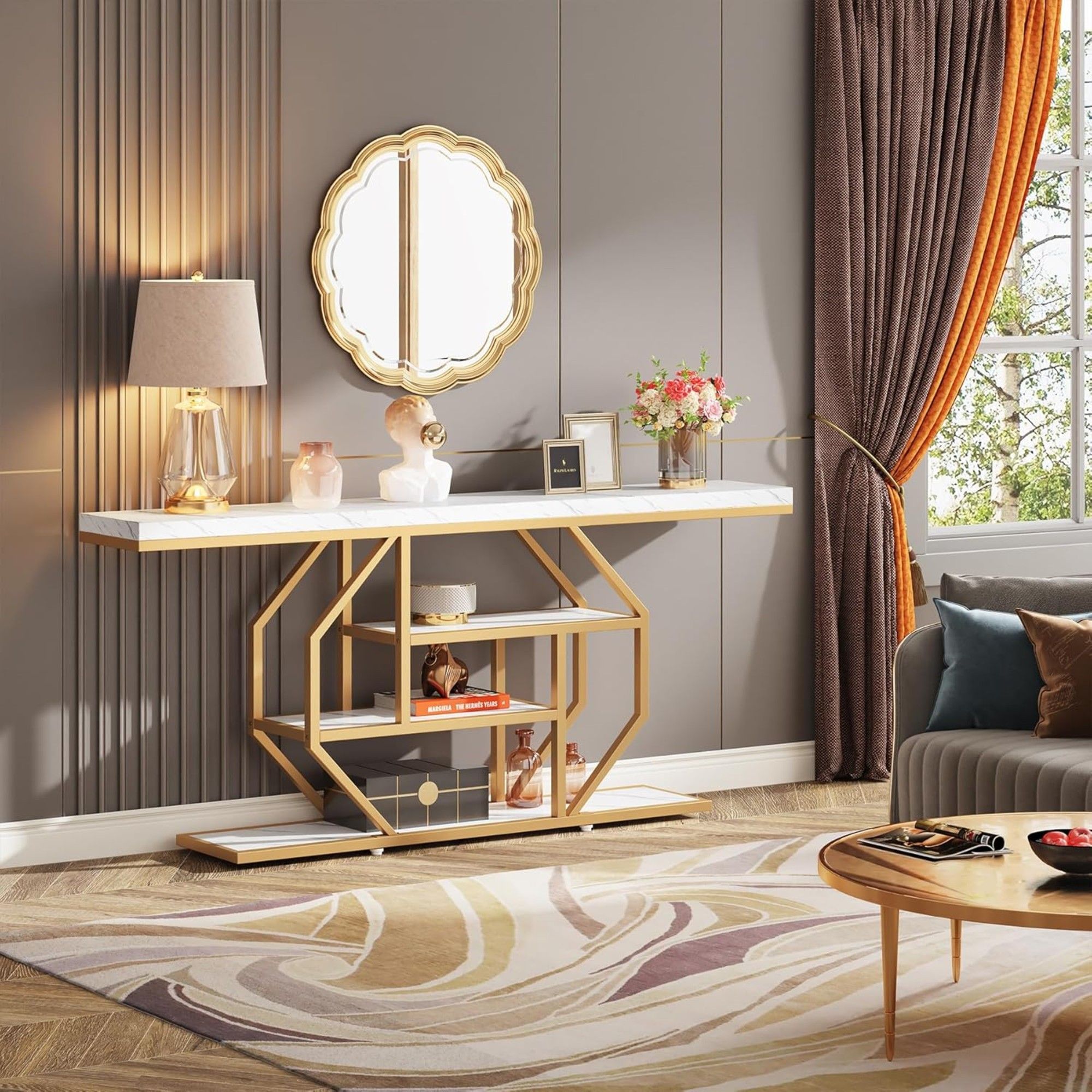 Extra Long Console Table With 4 Tier Storage For Living Hallway - White / Gold