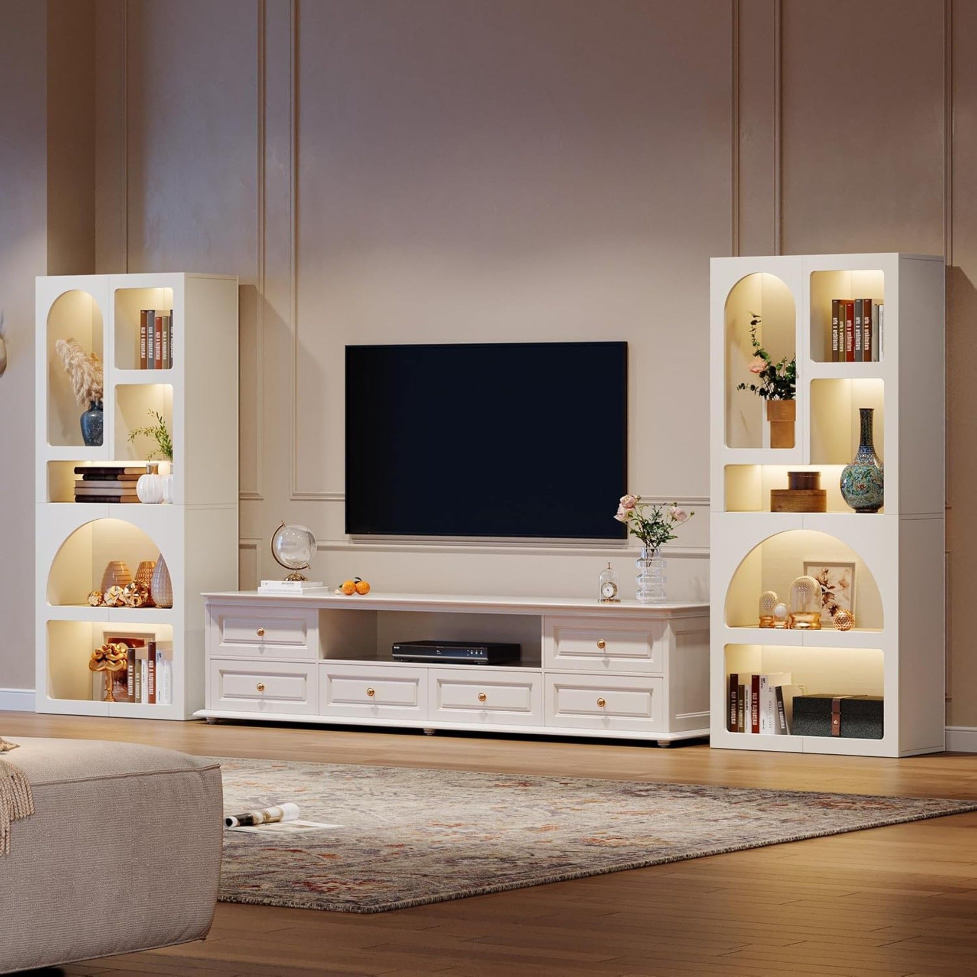 Geometric Arched 5 Shelf Art Display Bookcase For Living Room - White