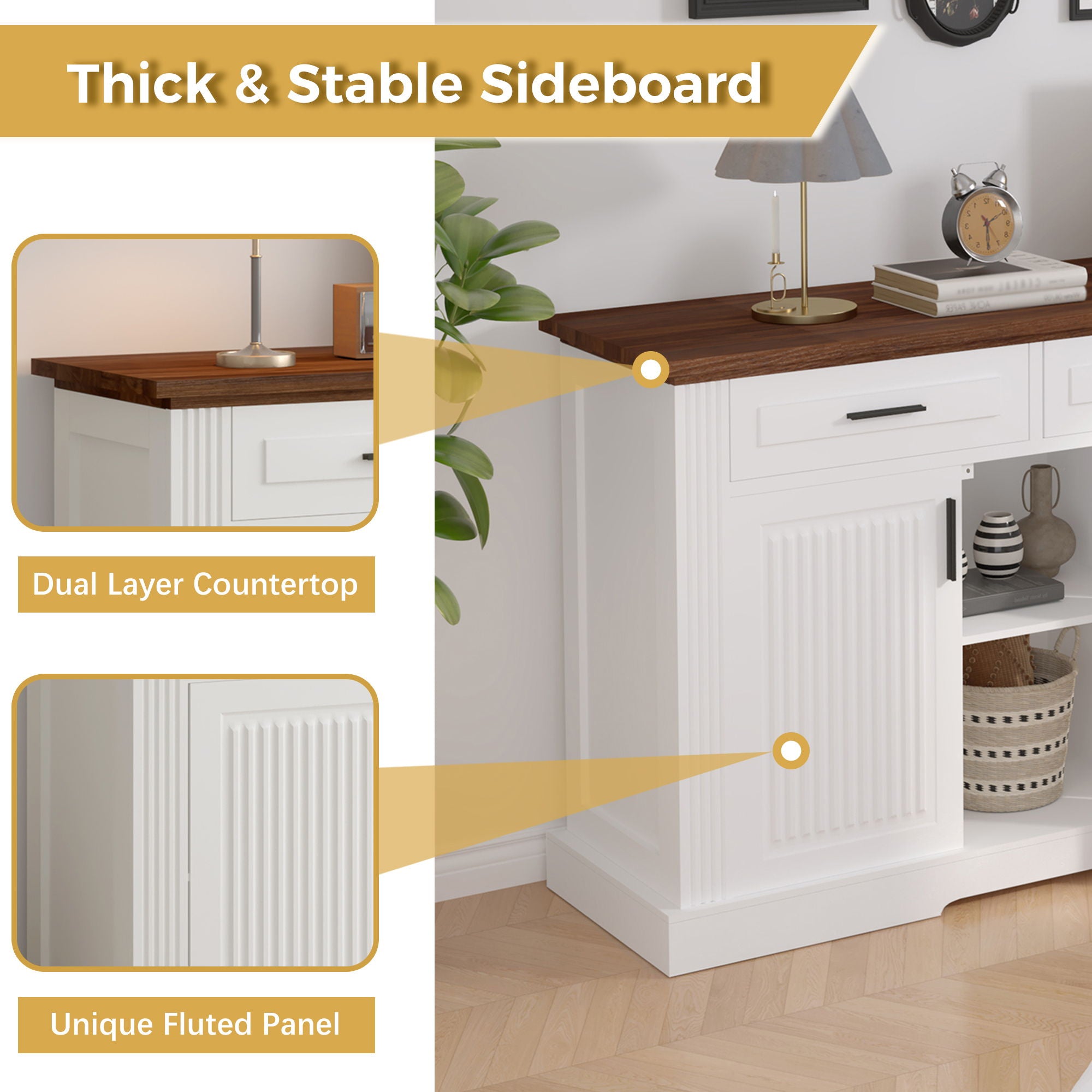 Fluted Sideboard Buffet Cabinet With 4 Doors And 3 Drawers