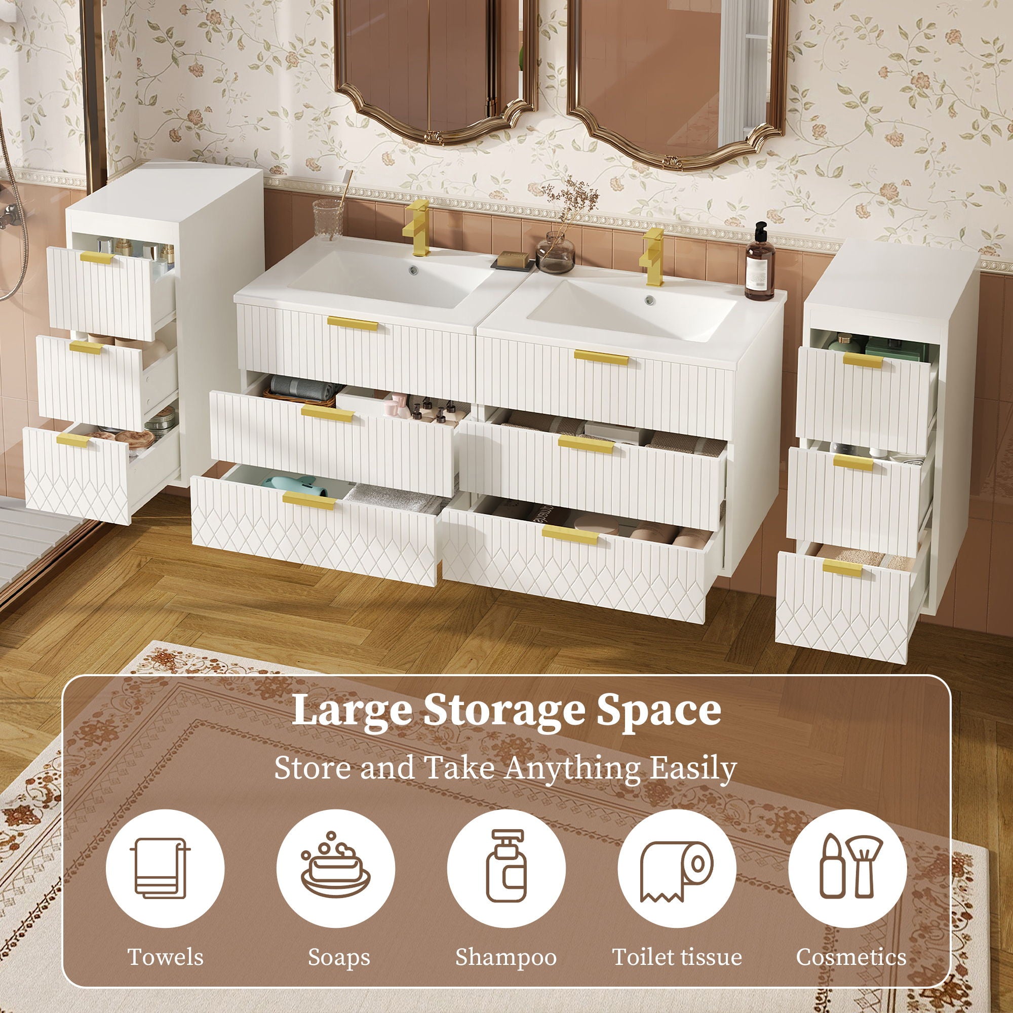 Modern Floating Bathroom Cabinet With Basin Sink And Side Storage, Rectangular Vanity