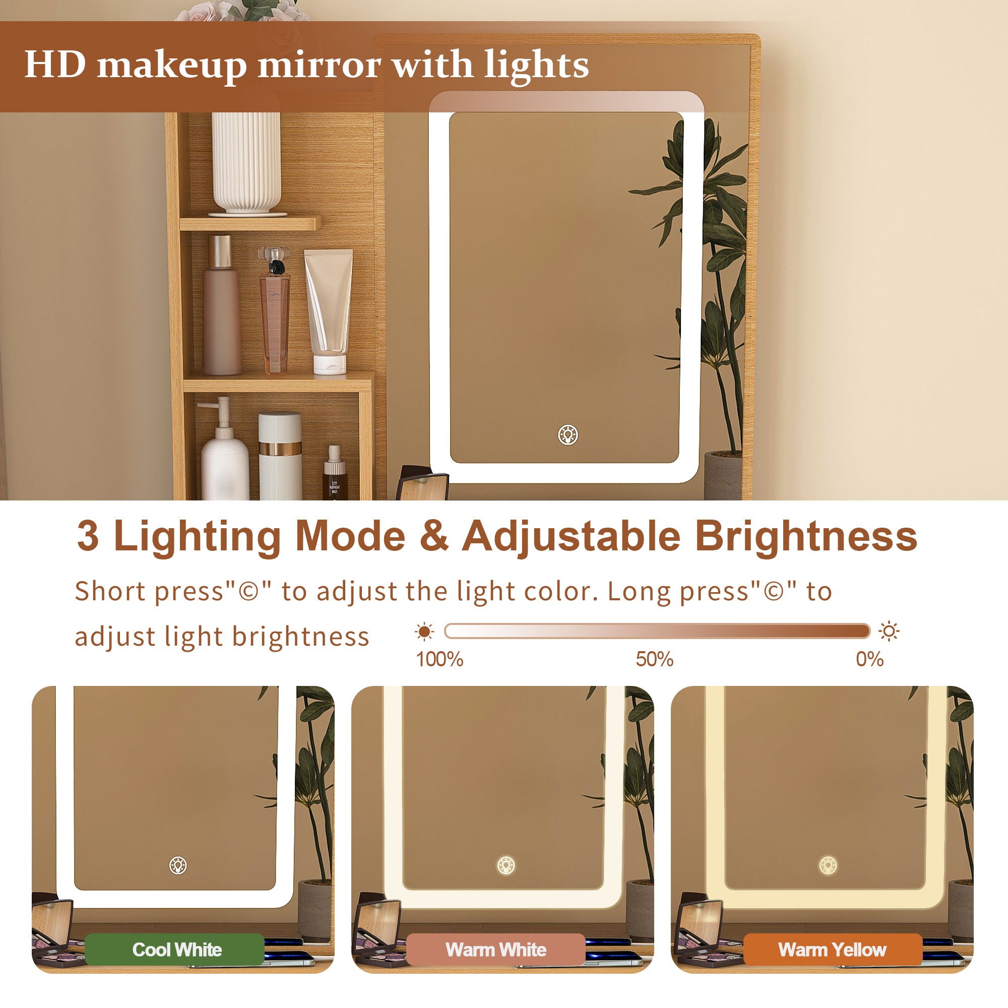 Vanity Table With LED Mirror, Power Outlet, Hairdryer Holder & Padded Stool, Compact Dressing Desk For Small Bedrooms - Wood