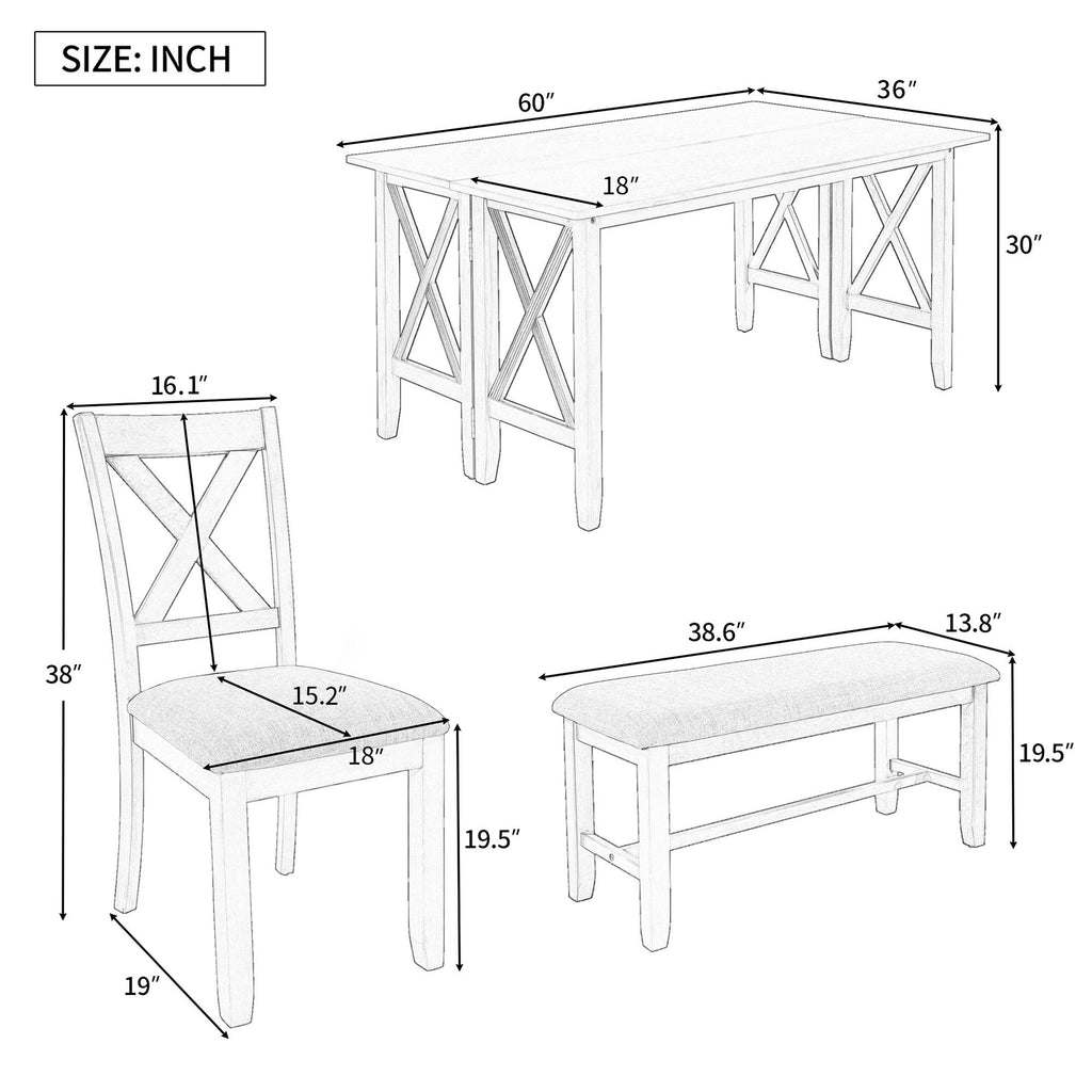 6 Piece Family Dining Room Set, Space Saving Foldable Table And 4 Chairs With Bench