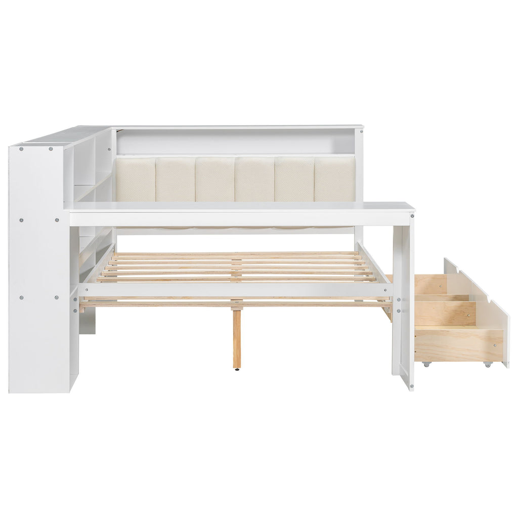 Platform Bed With Storage Shelves, Drawers, Charging Station, LED, Desk