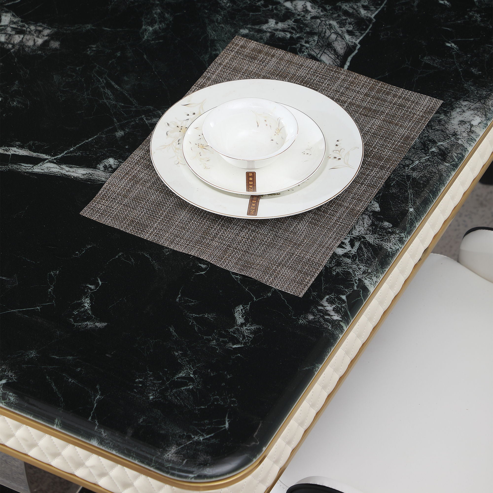 Luxury Modern Dining Table With 6 Chairs Marble Top Titanium Plated Base - Black
