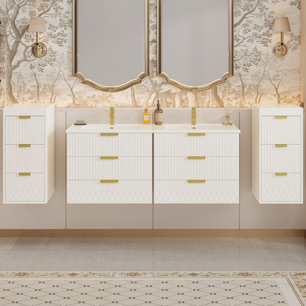 Modern Floating Bathroom Cabinet With Basin Sink And Side Storage, Rectangular Vanity