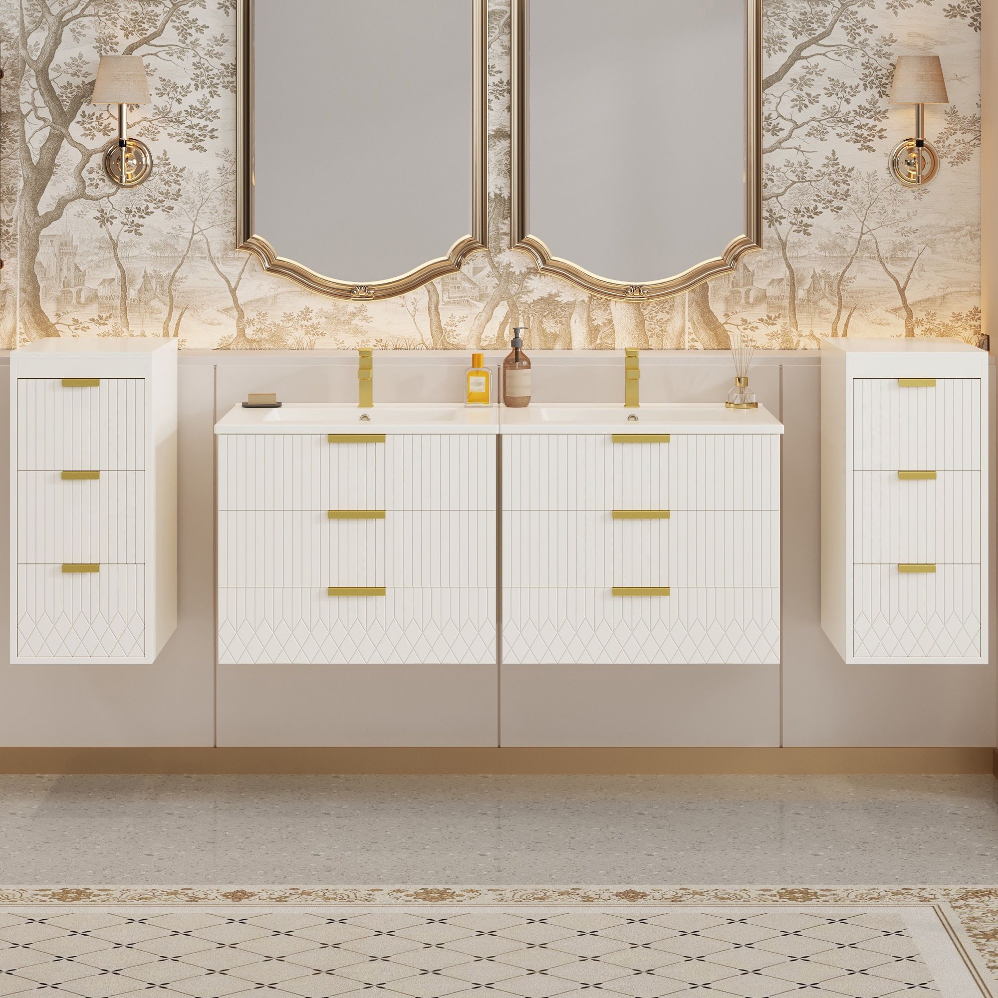 Modern Floating Bathroom Cabinet With Basin Sink And Side Storage, Rectangular Vanity