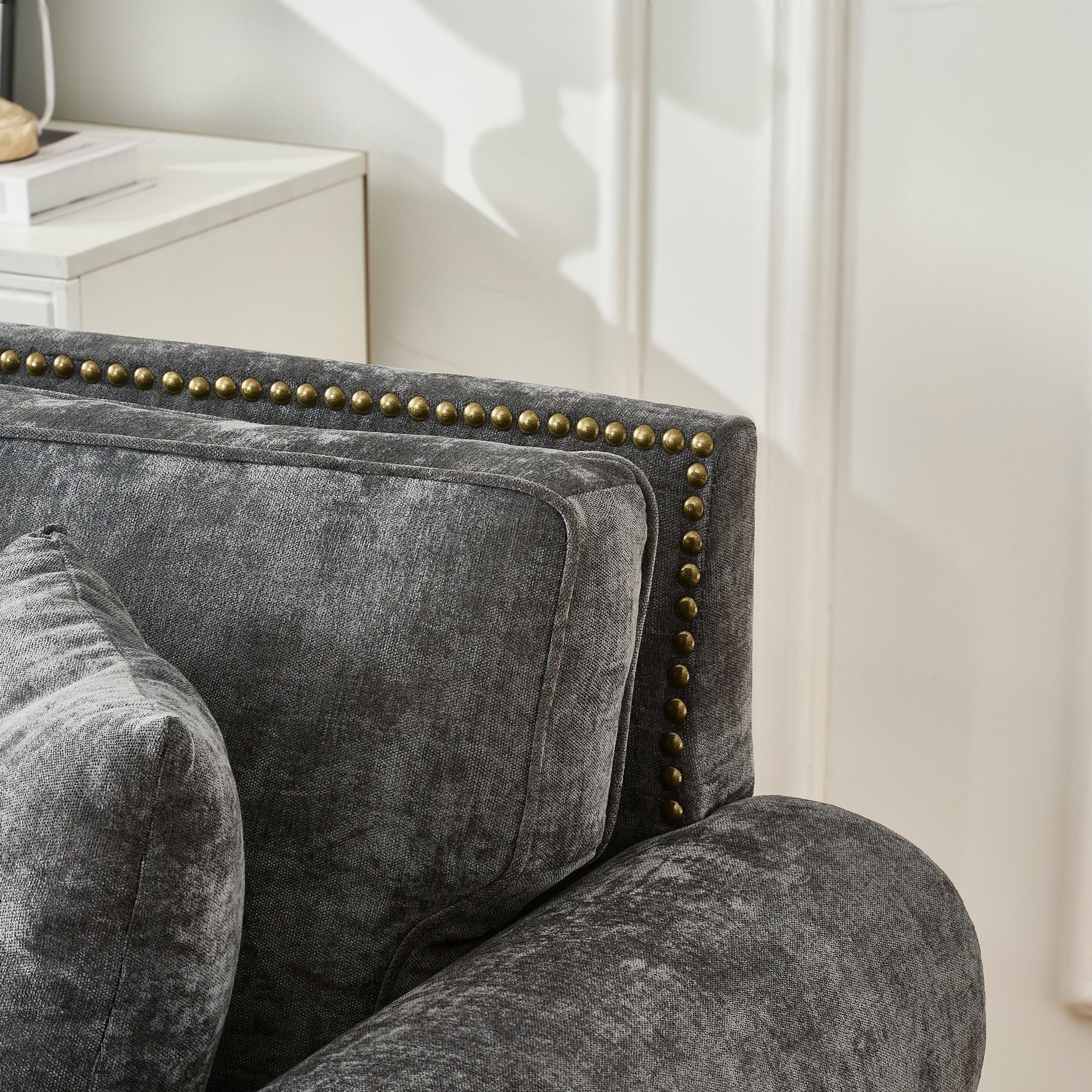 3 Seater Sofa With Tufted Upholstery, Rolled Arms, Nailhead Trim