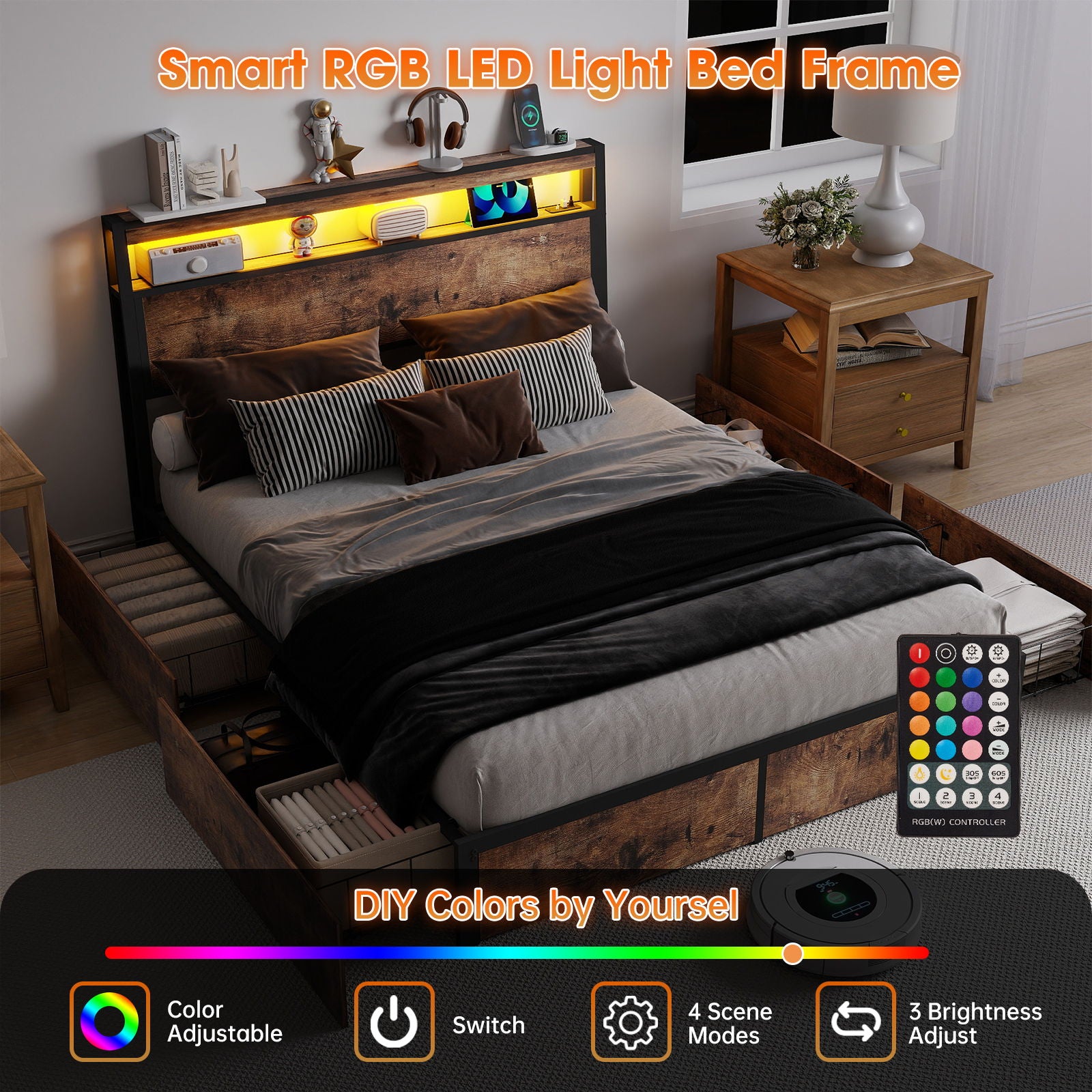 Bed Frame With Headboard, LED Lights & Charging Station