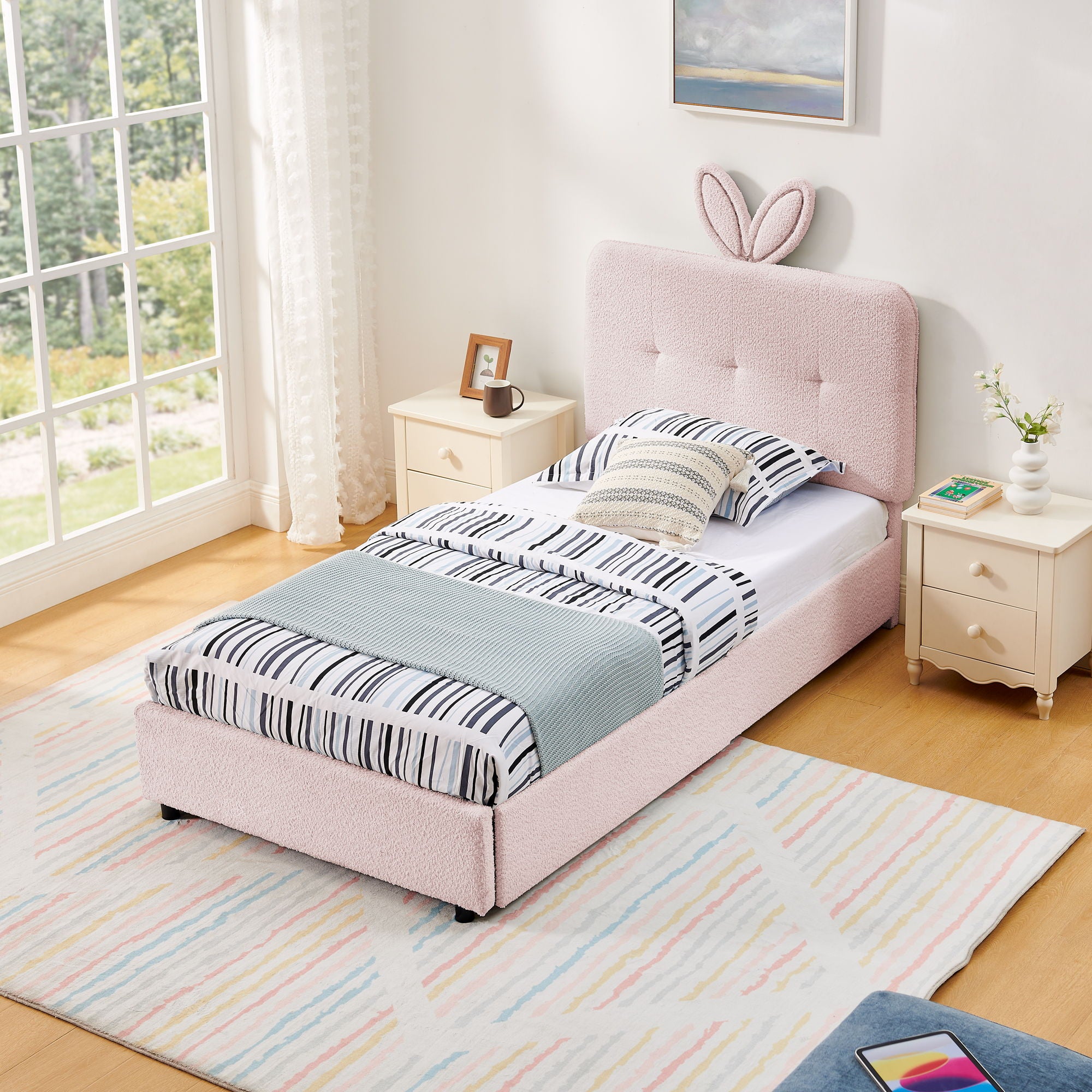 Upholstered Bed With Oversized Rabbit Ear Headboard, LED Lights & 4 Storage Drawers