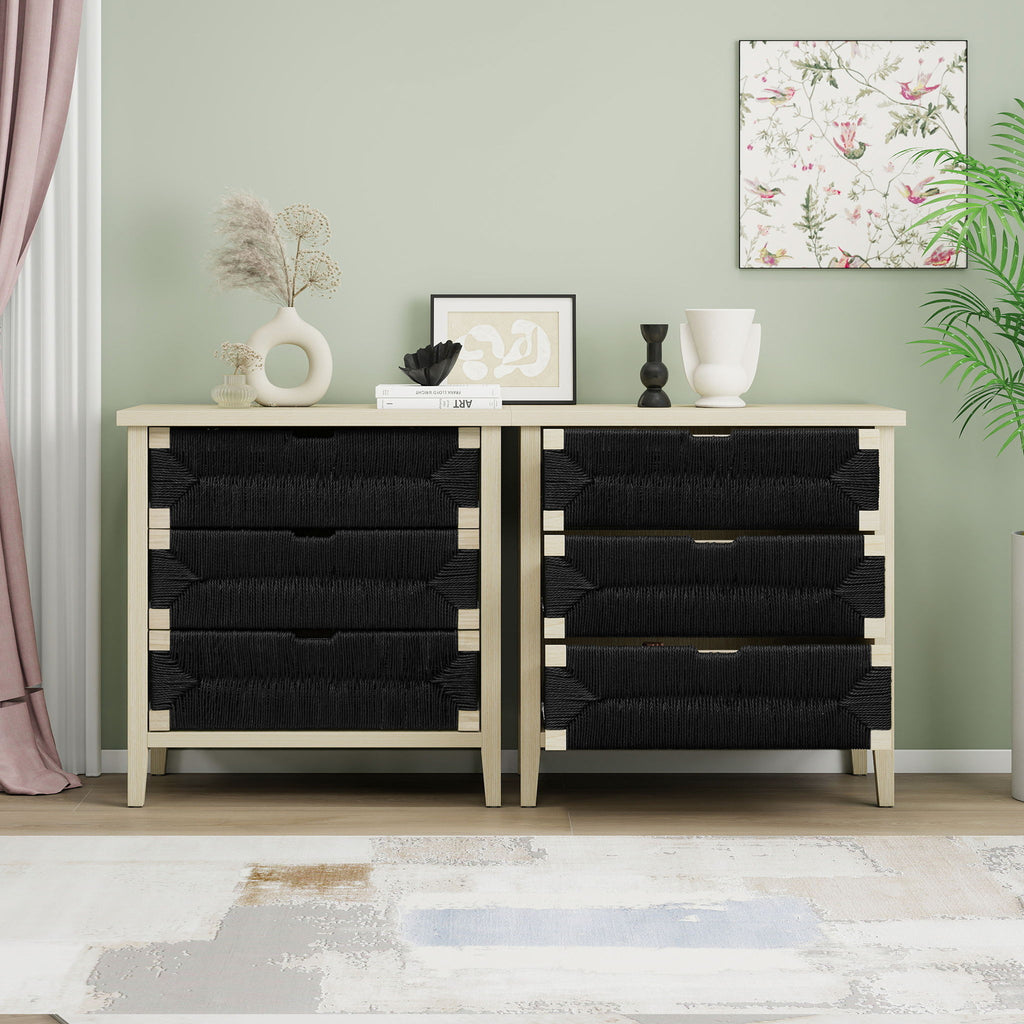 3 Drawer Buffet Sideboard With Adjustable Shelves, Storage Cabinet With Natural Seaweed Decor Doors For Living Room Kitchen Entryway - Natural