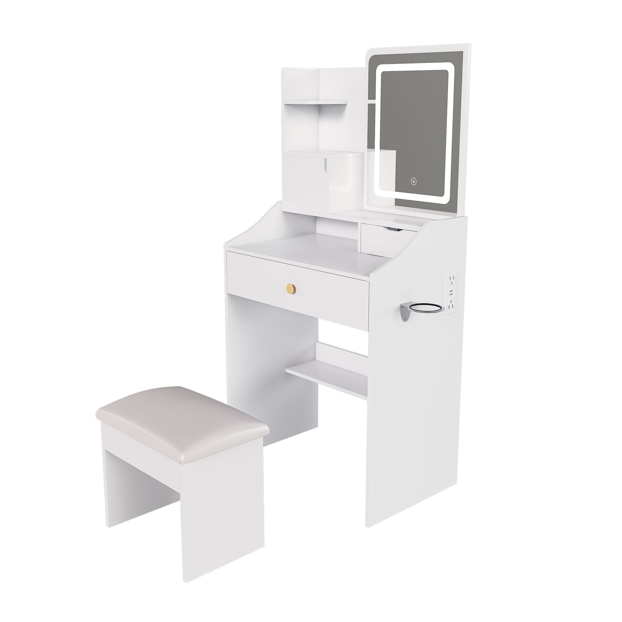 LED Vanity Mirror With Stool, 2 Drawers & 5 Storage Cabinets, Adjustable Lighting Mdf Dressing Table For Bedroom - White