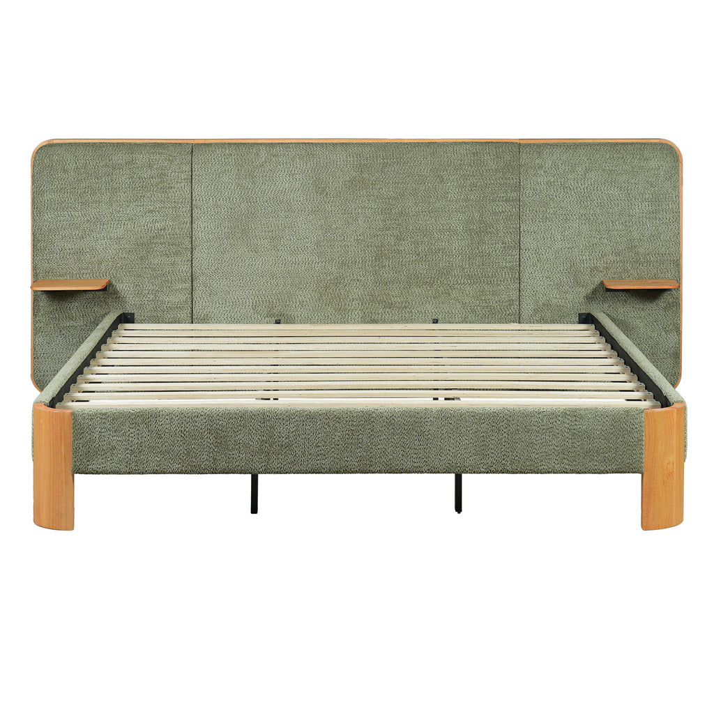 Upholstered Platform Bed Frame With Curved Headboard, Built-In Floating Shelves