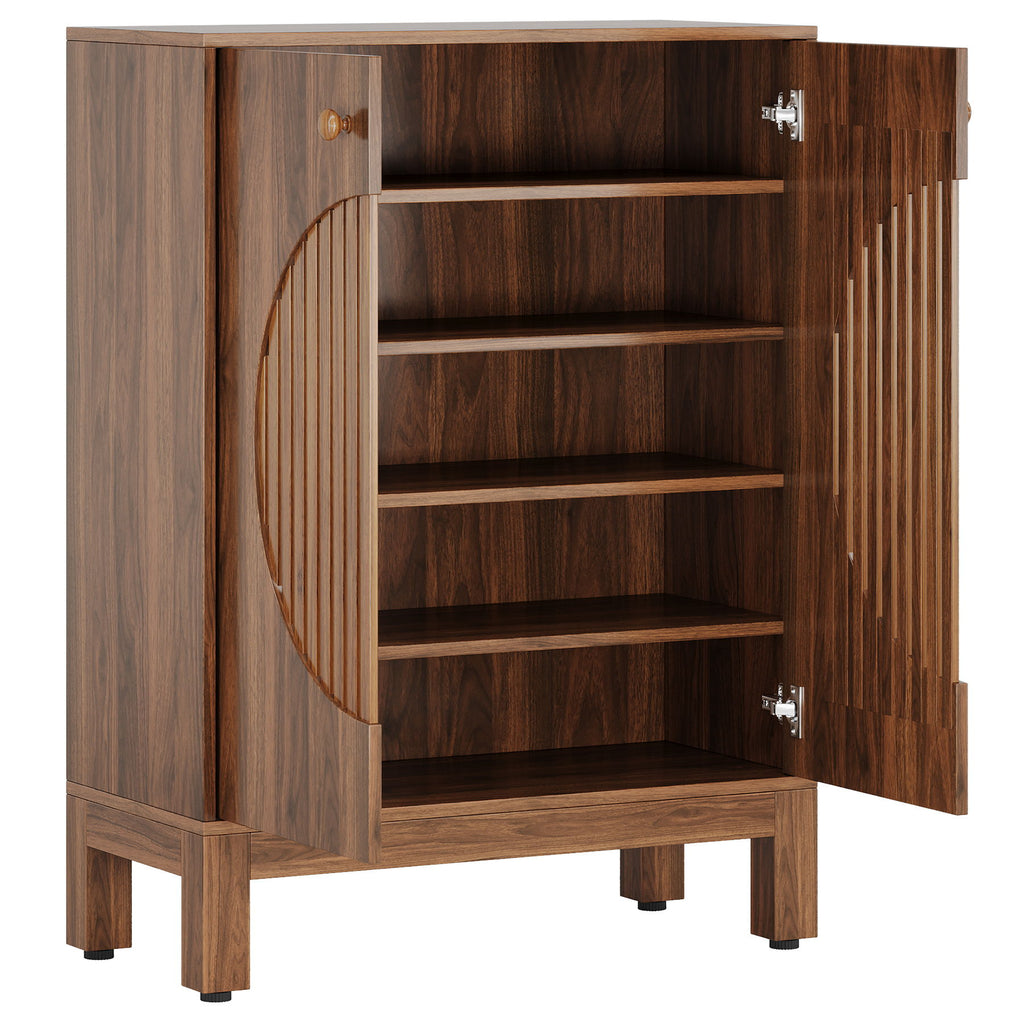 5 Tier Shoe Cabinet With Round Louvered Doors, Storage Organizer - Brown