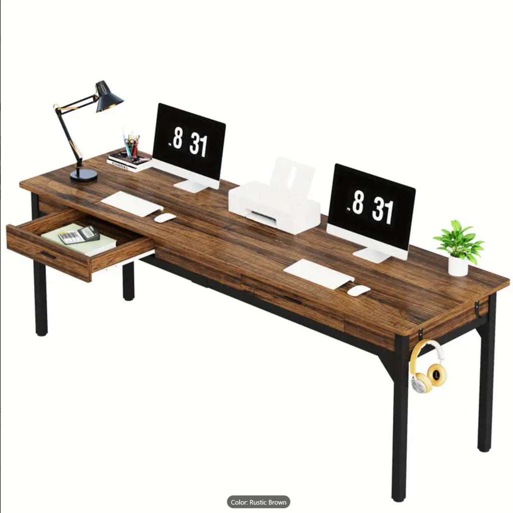 Double Office Desk For 2 With Frame, Long Workstation With 2 Drawers And Hooks - Brown / Black