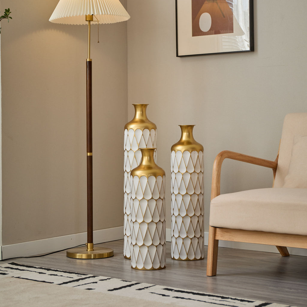 Floor Metal Vase Modern Style Decoration Home Droplet Shaped Metal Vase 3 Piece Set Gorgeous Home Decoration Large Glazed Metal Vase - Gold / White
