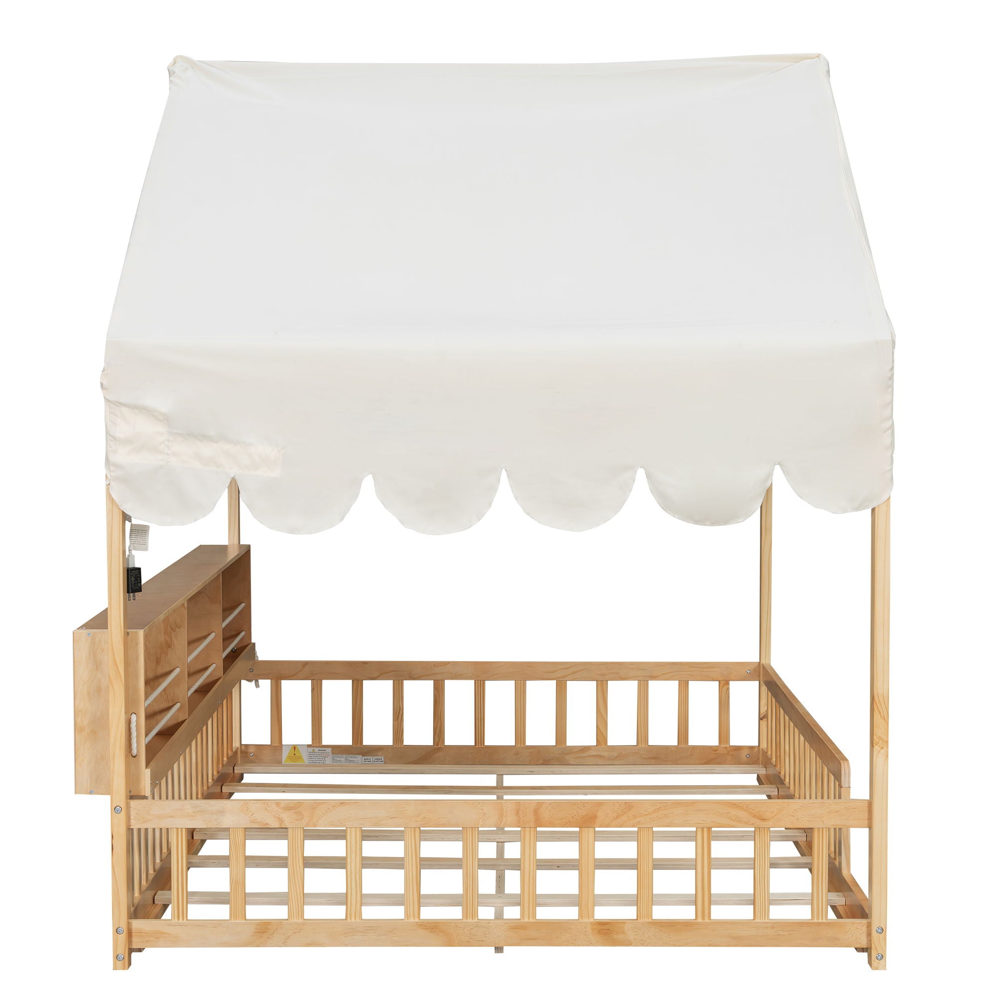 House Shaped Floor Bed With Fense, 3 Storage Bookshelves, Curtain And LED Light