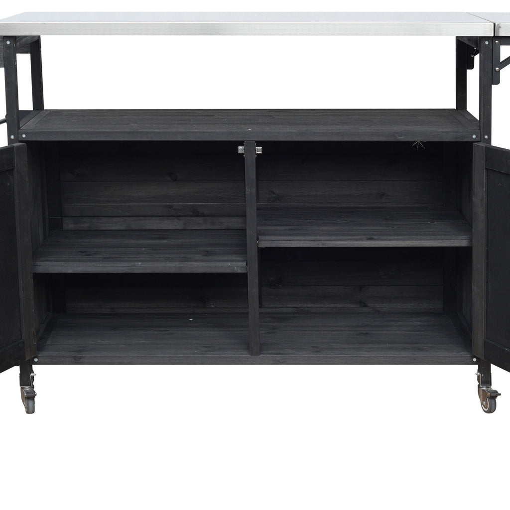 Foldable Outdoor Kitchen Island With Lockable Wheels, Storage Cabinet And Towel Rack For Patio