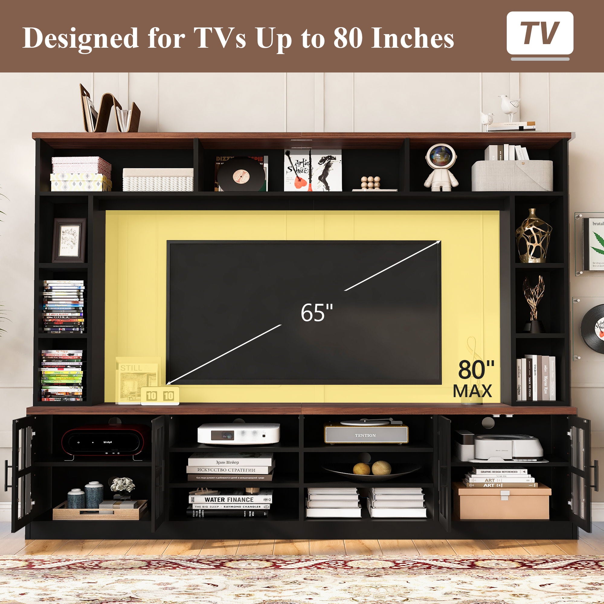Wall Unit Entertainment Center With Bookshelves For TVs Up To 80", Tempered Glass Doors And Adjustable Shelves