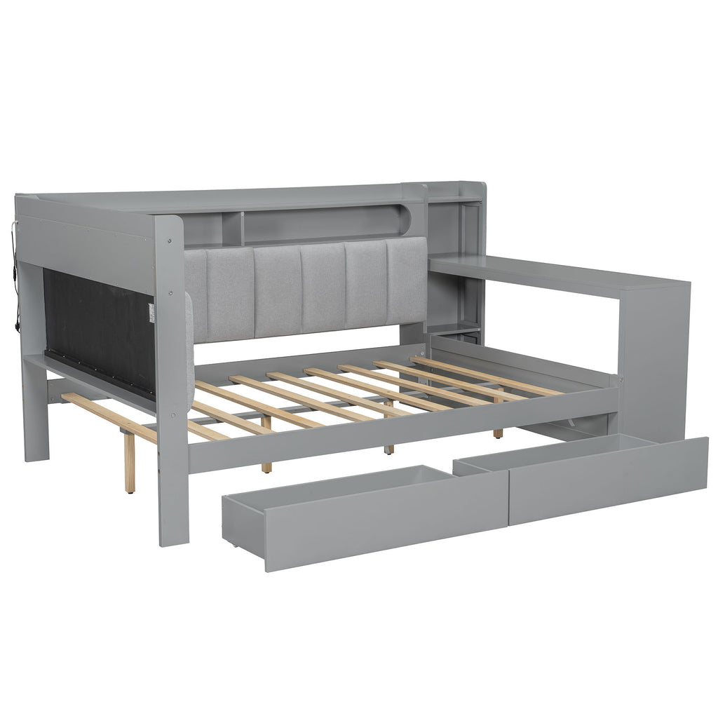 Daybed With Upholstered Headboard, Storage Shelves, Drawers, Charging Station, LED Light, And Adjustable Desk
