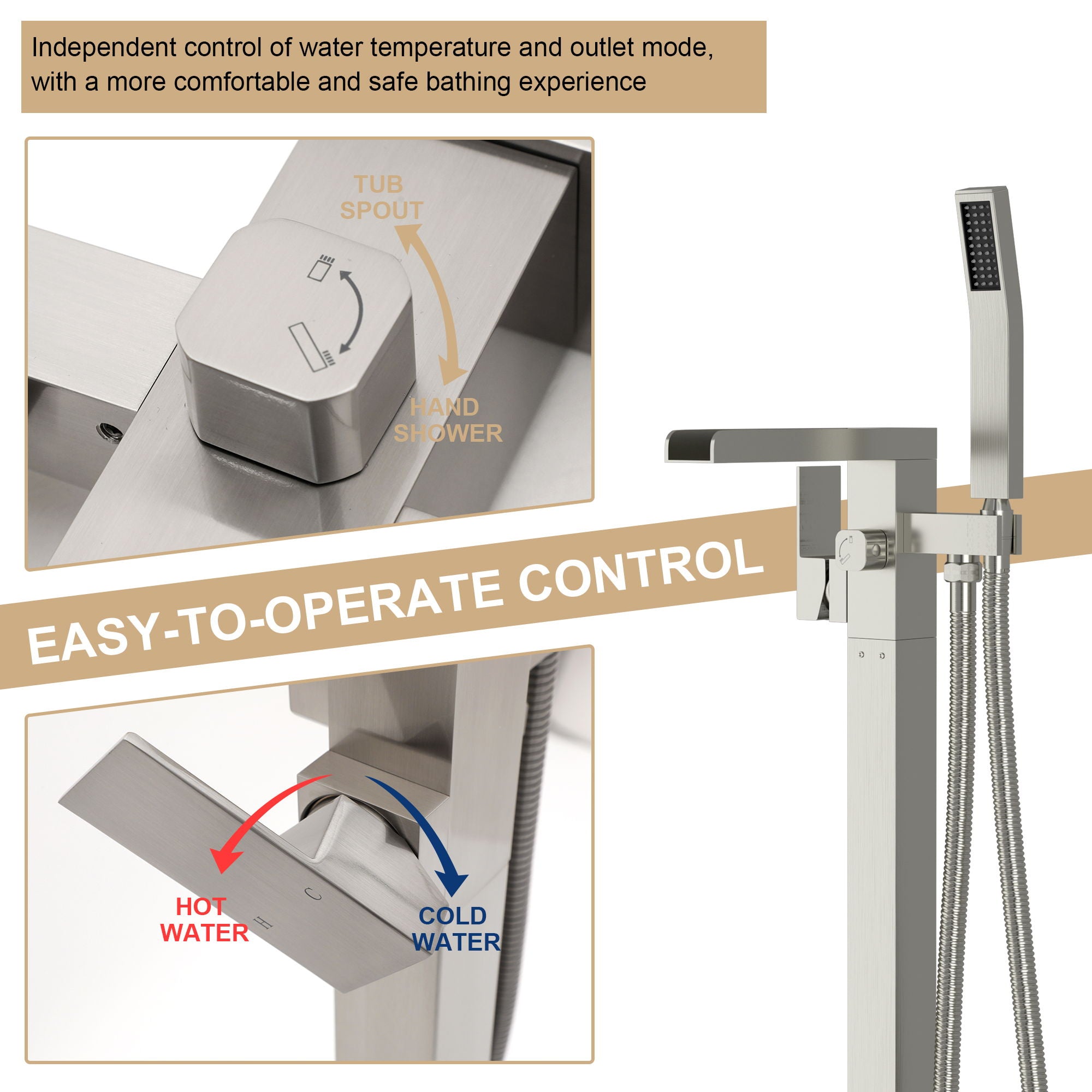 Freestanding Bathtub Faucet Waterfall Tub Filler Floor Mount Solid Brass With Hand Shower - Brushed Nickel