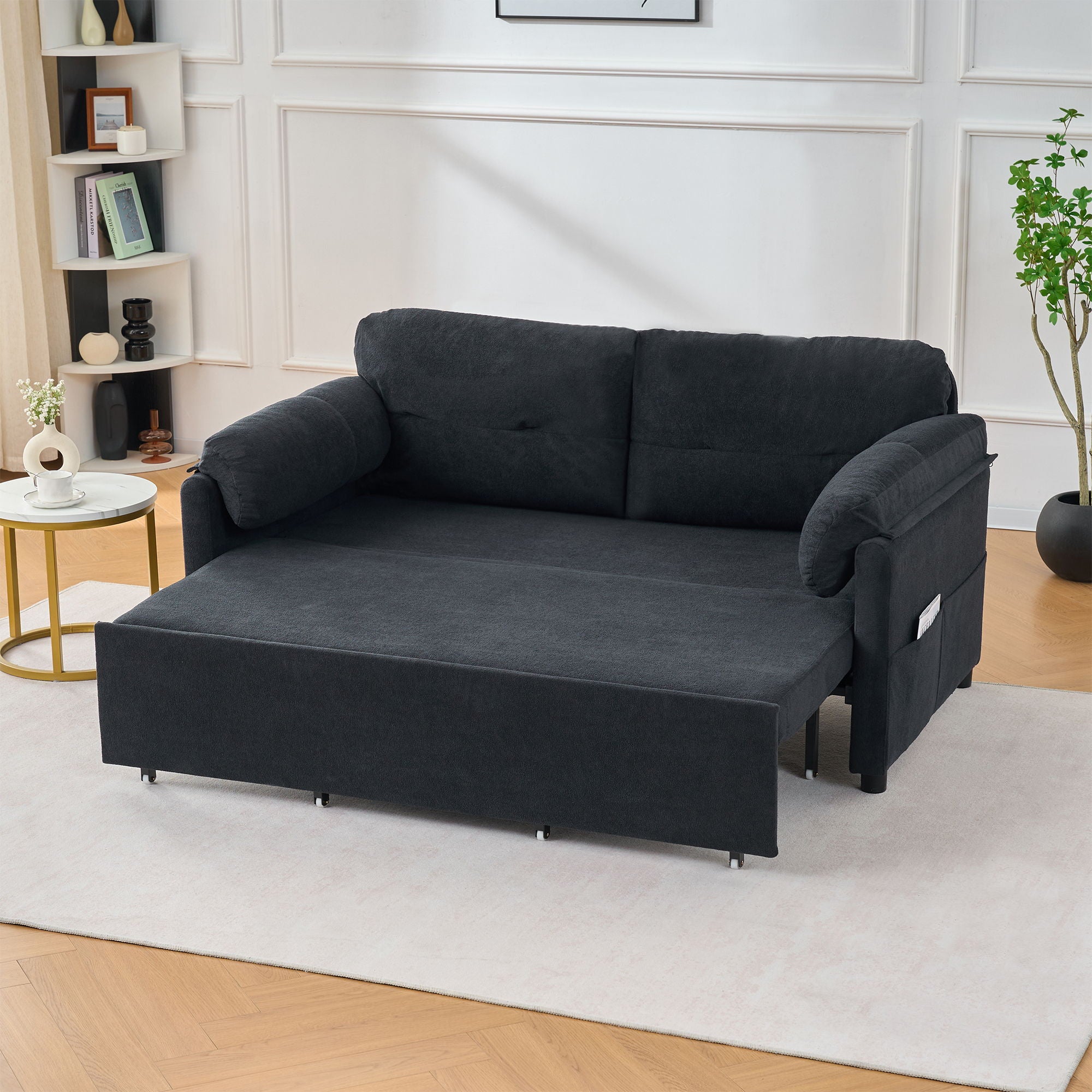 Convertible Pull Out Sofa Bed Queen Size, 3 In 1 With Side Storage