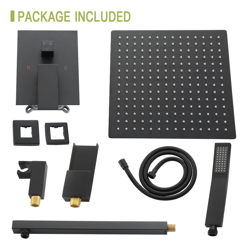 Wall Mounted Square Shower System With Rainfall Tub Spout And Handheld Shower, 10" - Matte Black