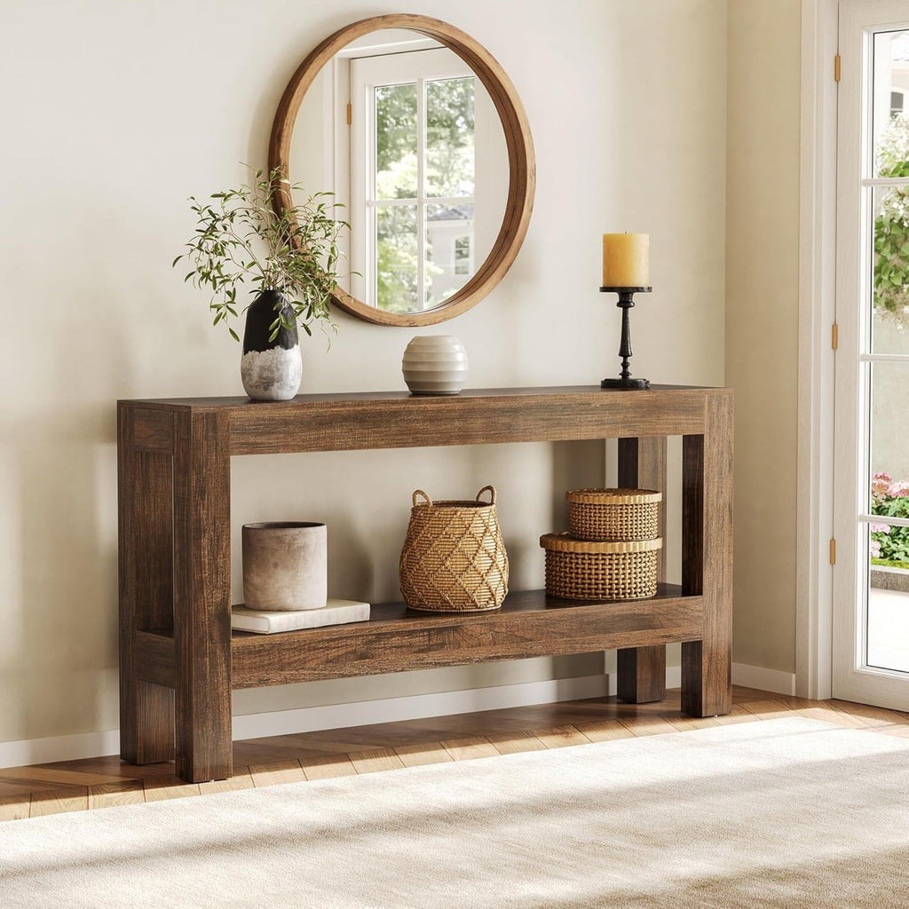 2 Tier Narrow Console Table With Storage For Entryway - Brown
