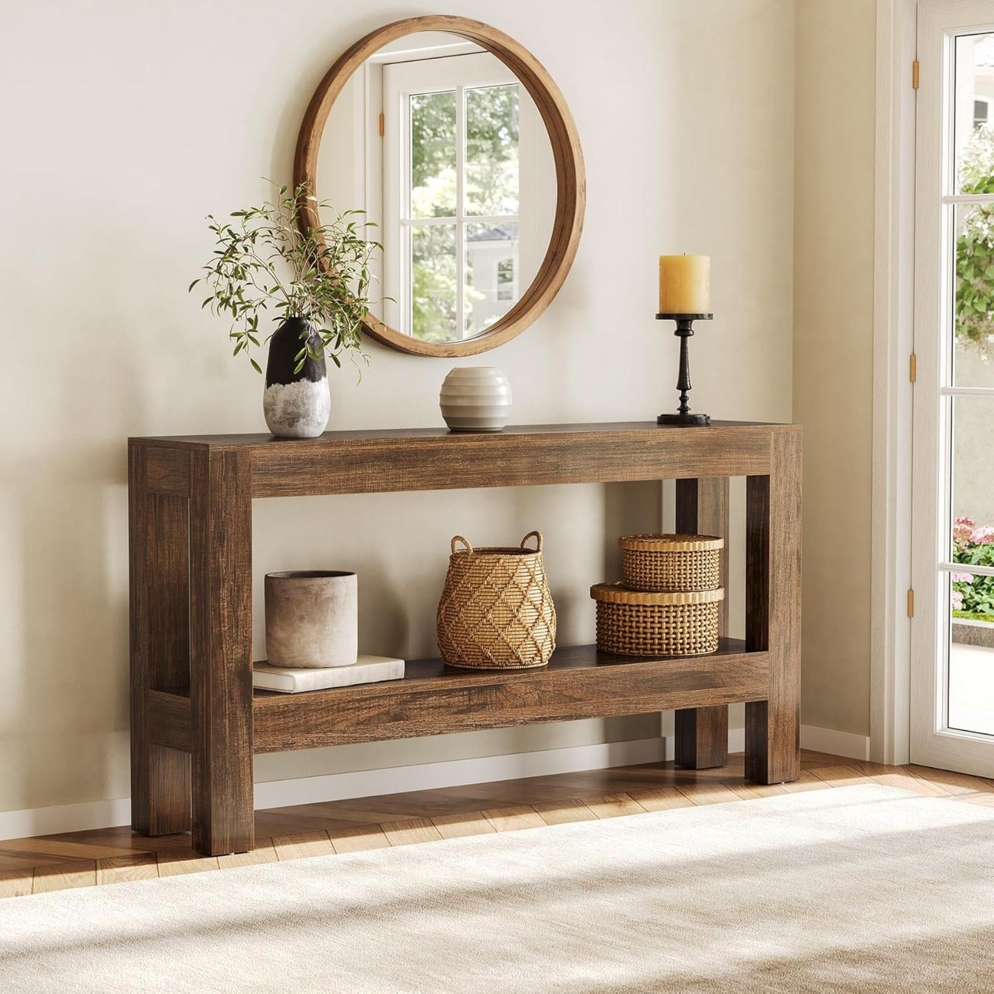 2 Tier Narrow Console Table With Storage For Entryway - Brown