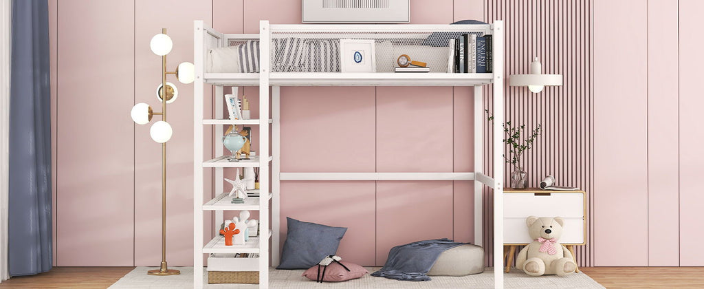 Loft Bed With 4 Tier Shelves And Storage