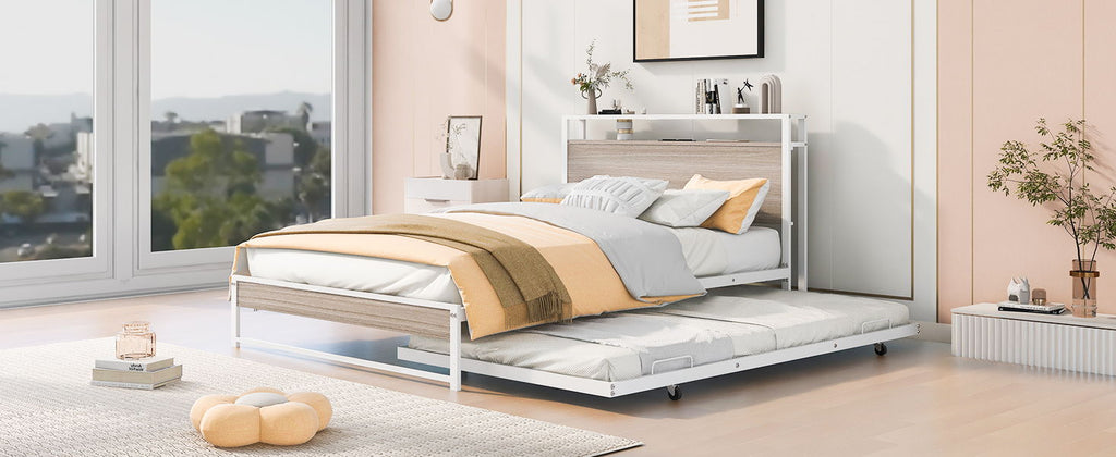 Platform Bed Frame With Trundle, USB Ports And Slat Support, No Box Spring Needed