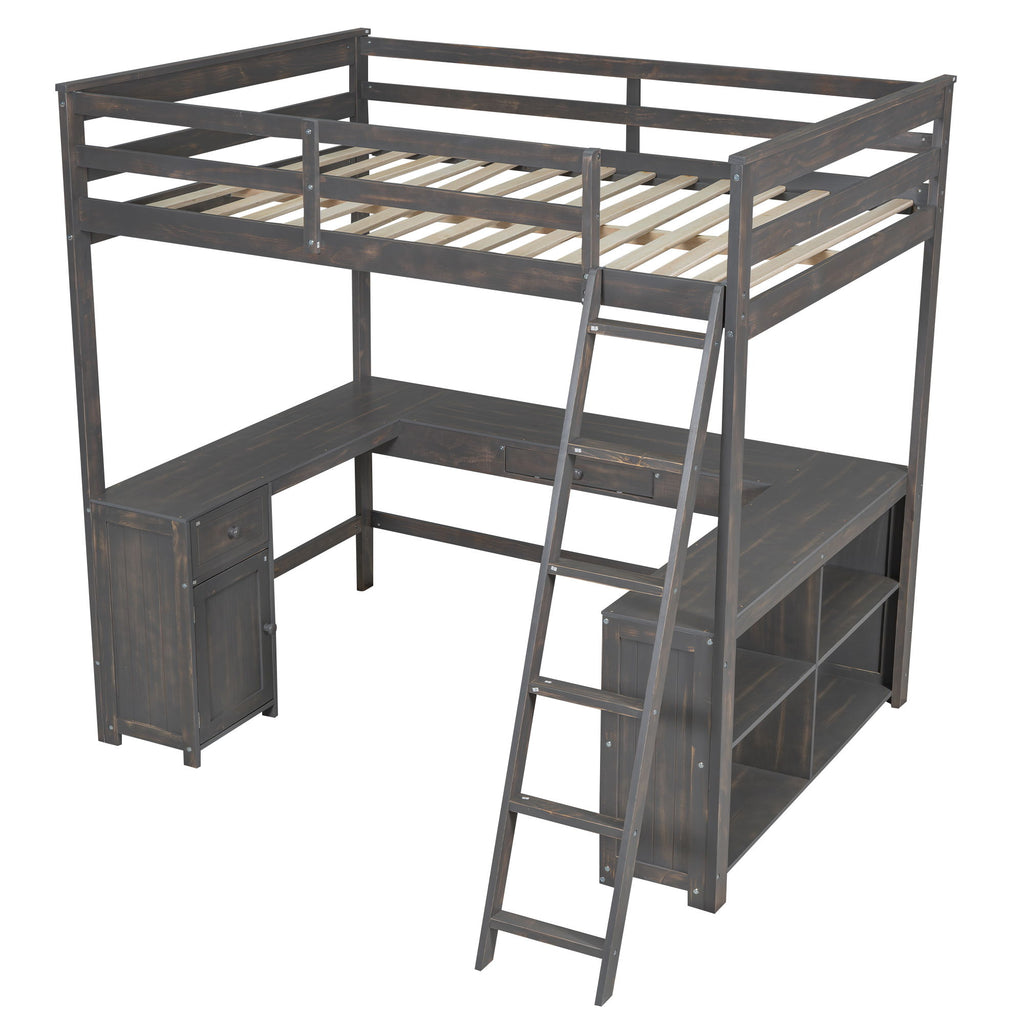 Loft Bed With U Shaped Desk, Drawers, And Storage Shelves