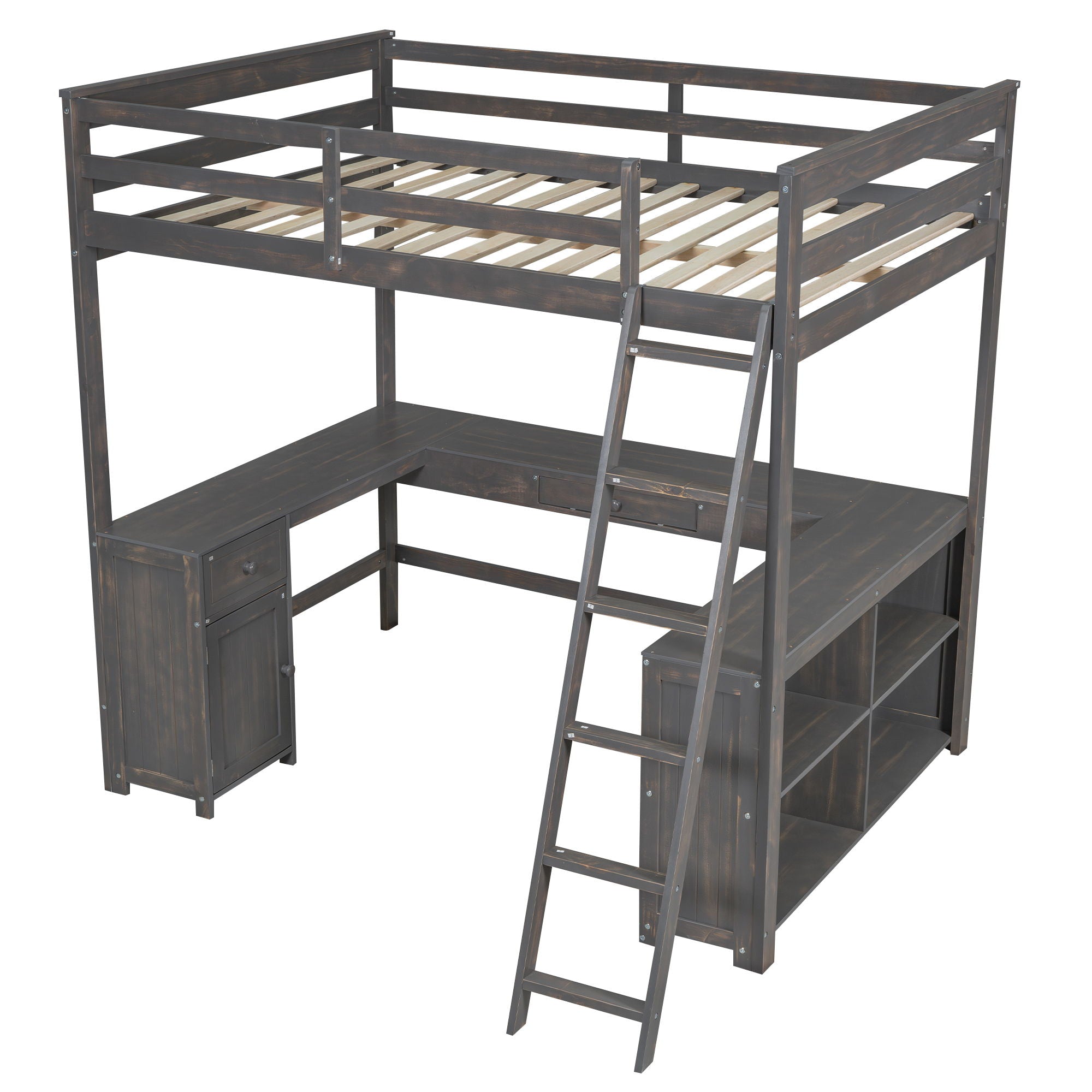 Loft Bed With U Shaped Desk, Drawers, And Storage Shelves