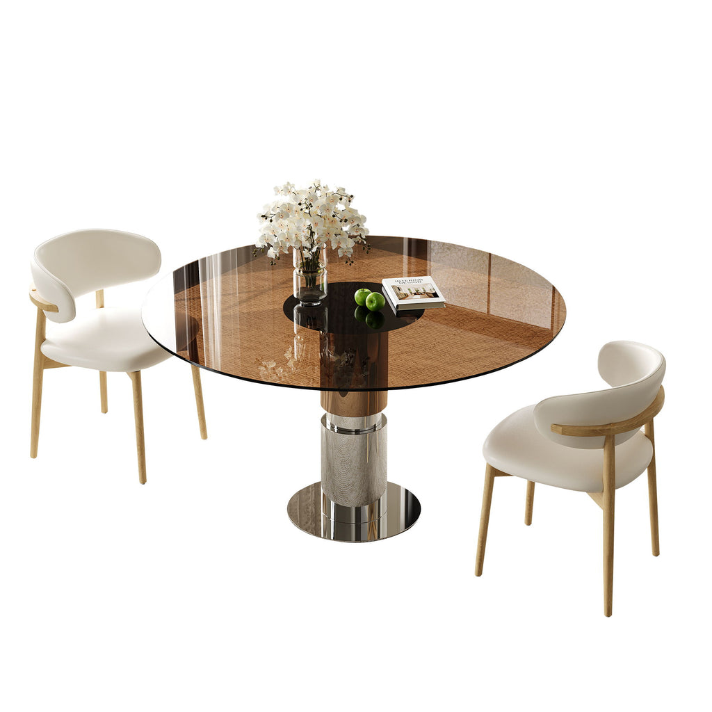 Round Dining Table & Tempered Glass Top - Brown