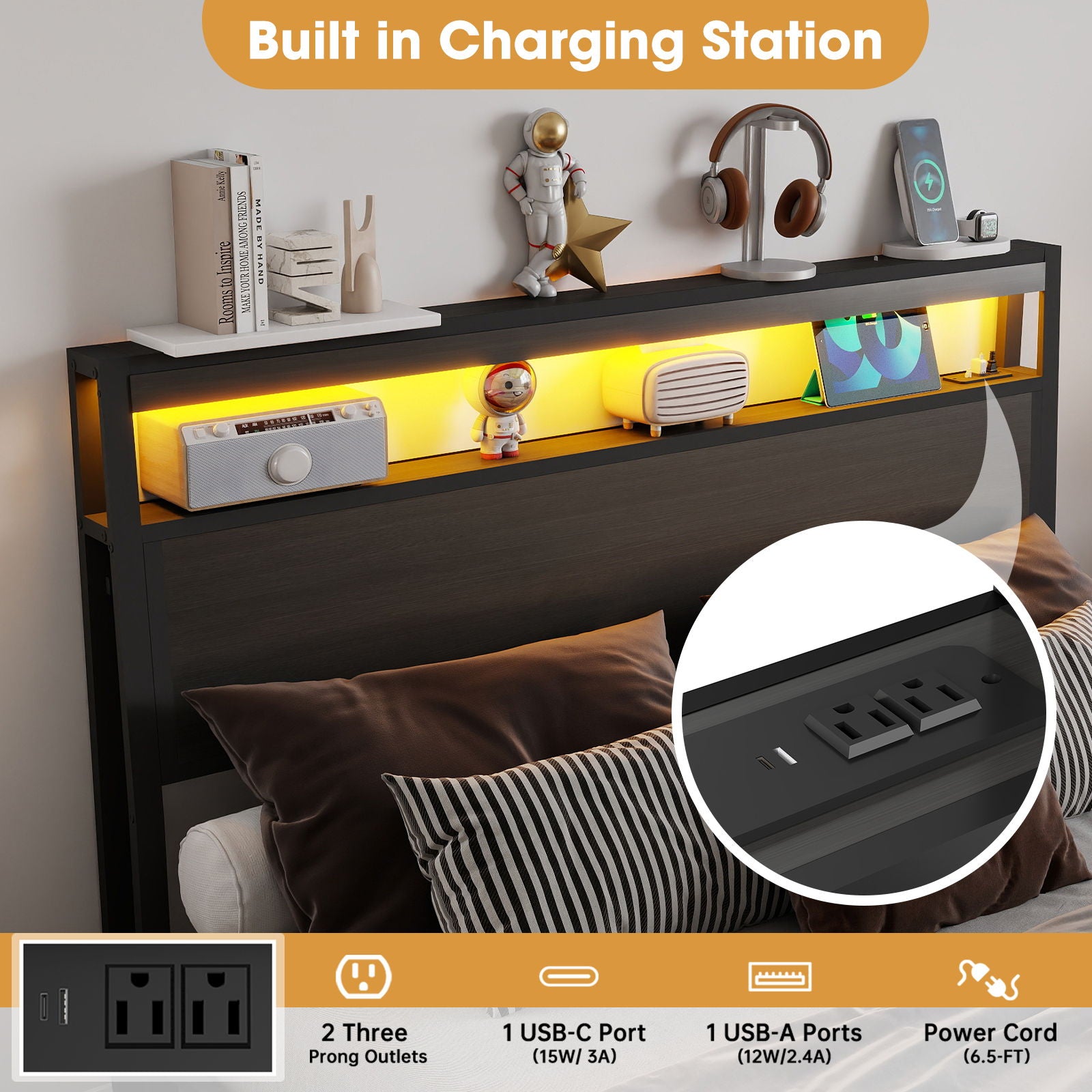 Bed Frame With Headboard, LED Lights & Charging Station
