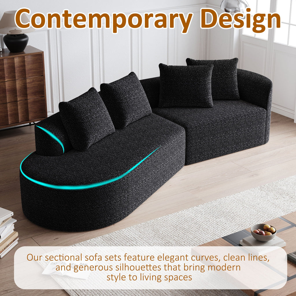 Upholstered Oversized Sectional Sofa, 4 Seater Extra Deep & Wide Seat Curved Cloud Couch With 4 Throw Pillows, Free Combination Living Room - Black