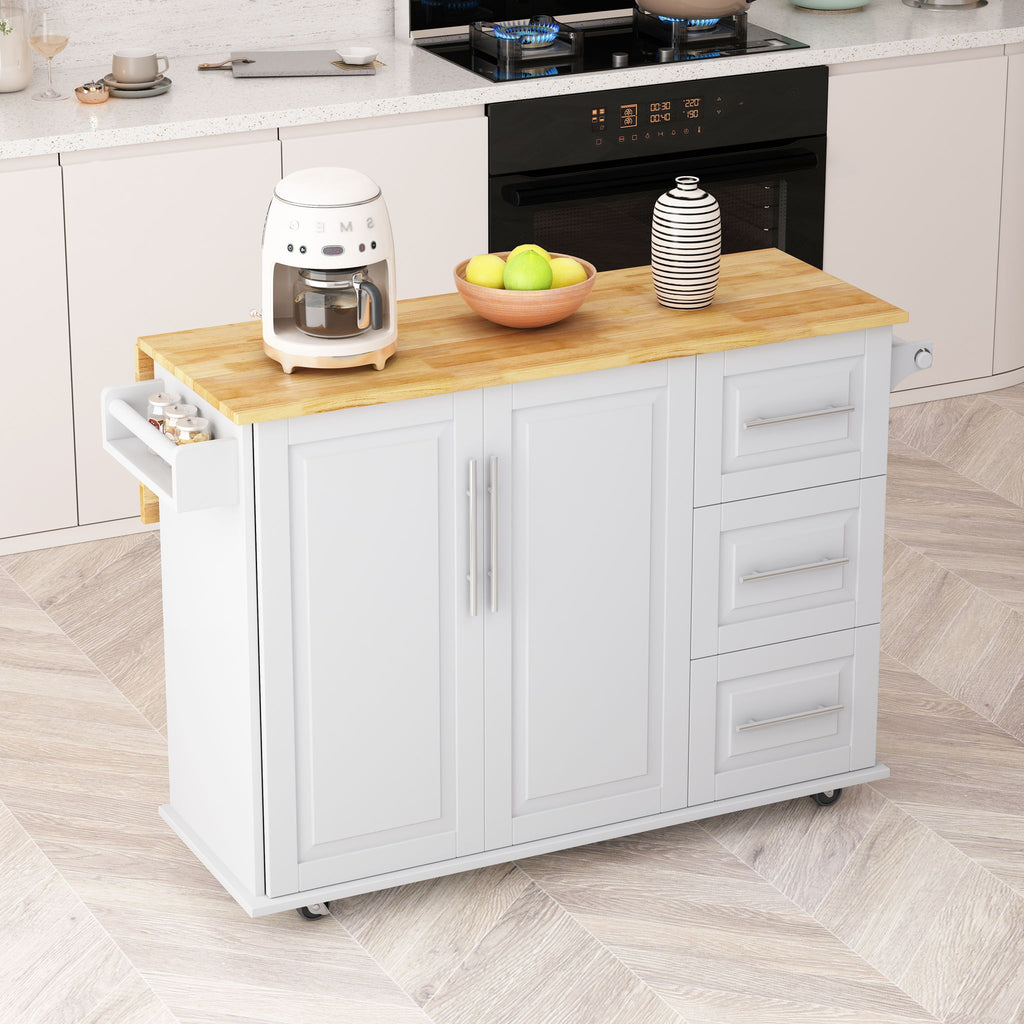 Kitchen Island Cart With 2 Door Cabinet, 3 Drawers, Spice Rack & Towel Rack - White