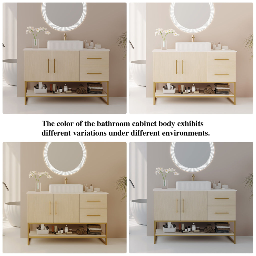 Bathroom Vanity With Vessel Sink Accent Free Standing Cabinet - Ameican White Oak / Gold / White