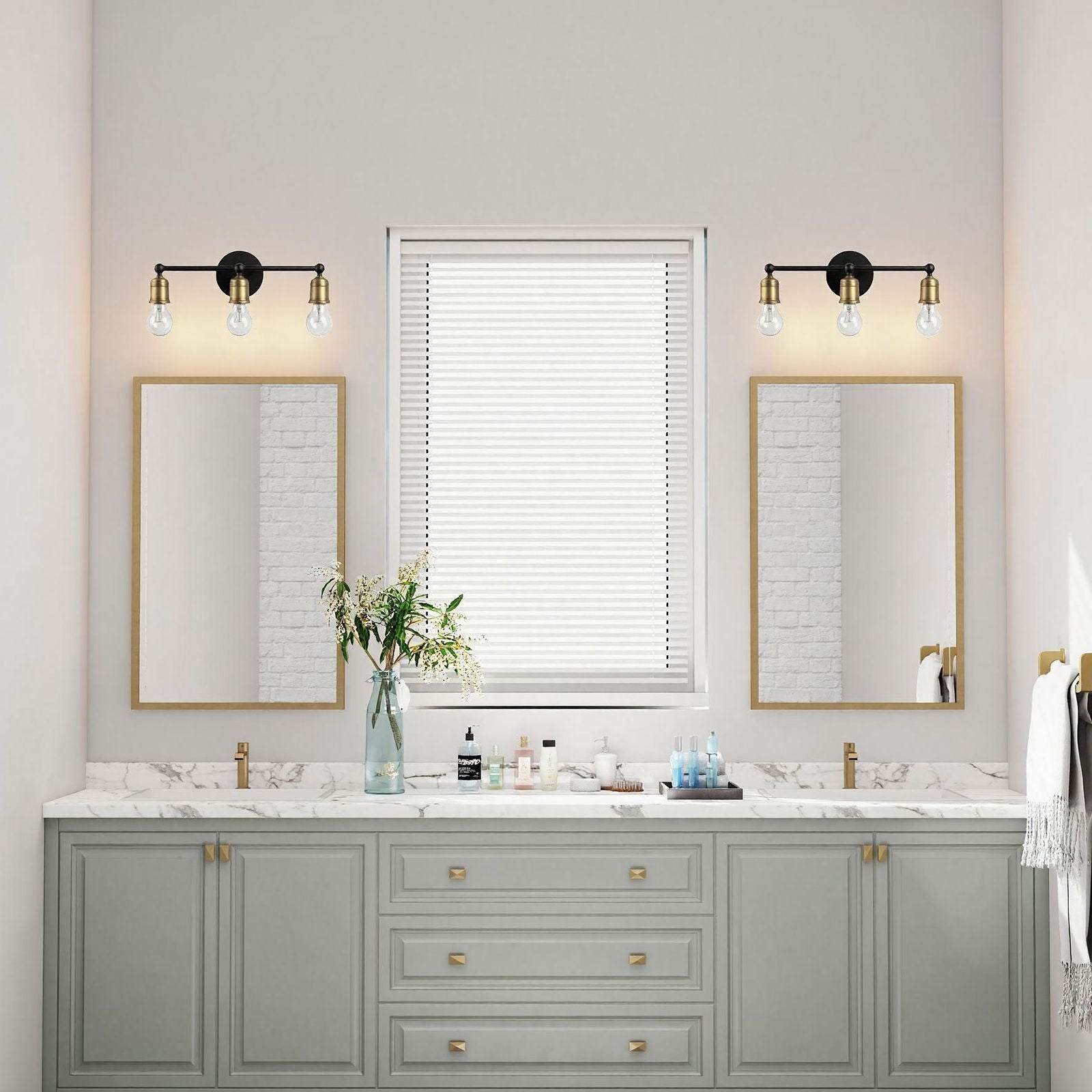 3 Light Wall Sconce, Vanity Light, No Bulbs Included - Black / Gold